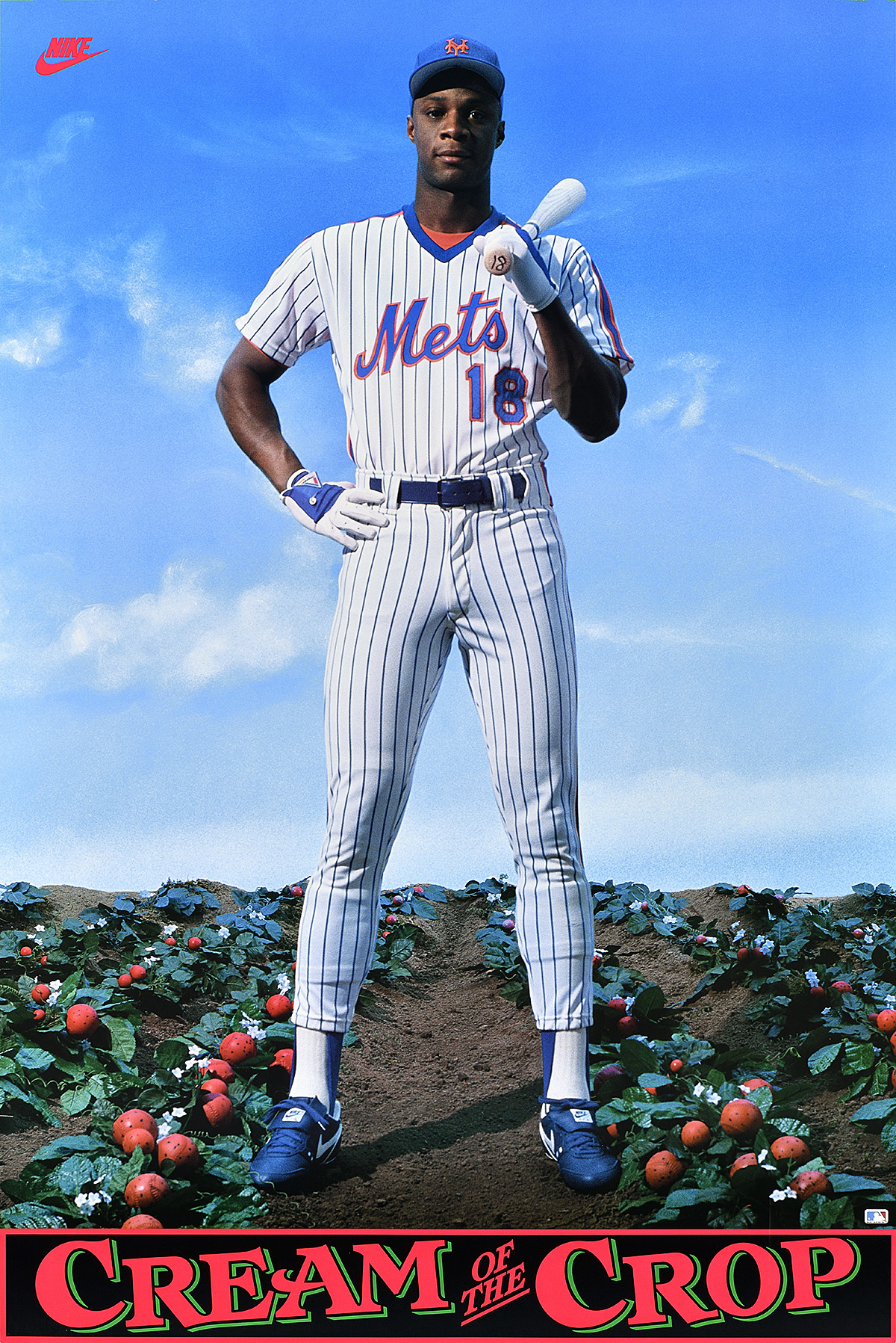 A poster of a Black man in a Mets baseball uniform standing in a field of strawberries.