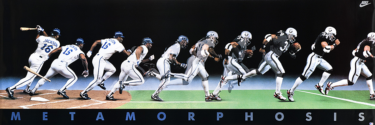 A horizontal poster of images of a Black baseball player on the left, transforming into a football player on the right.