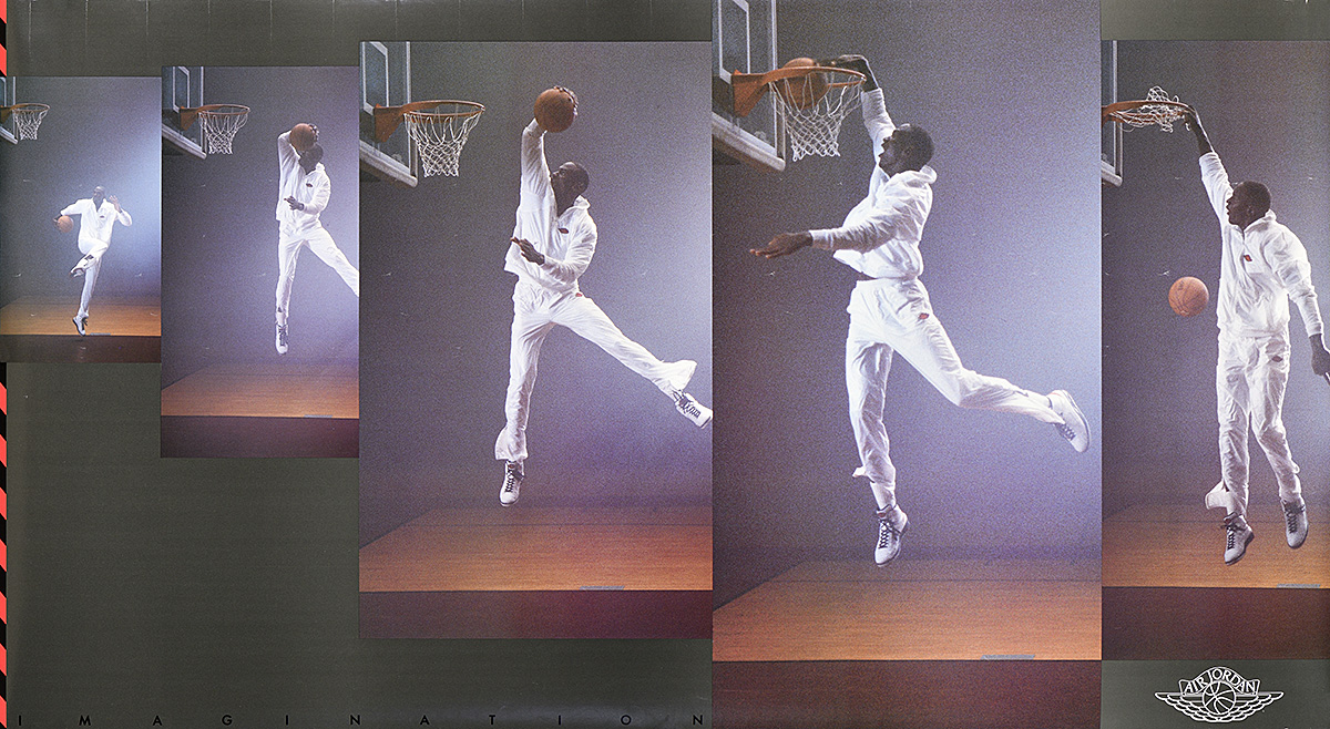 A poster of a series of 5 process photos of a tall Black man in white clothes dunking a basketball.