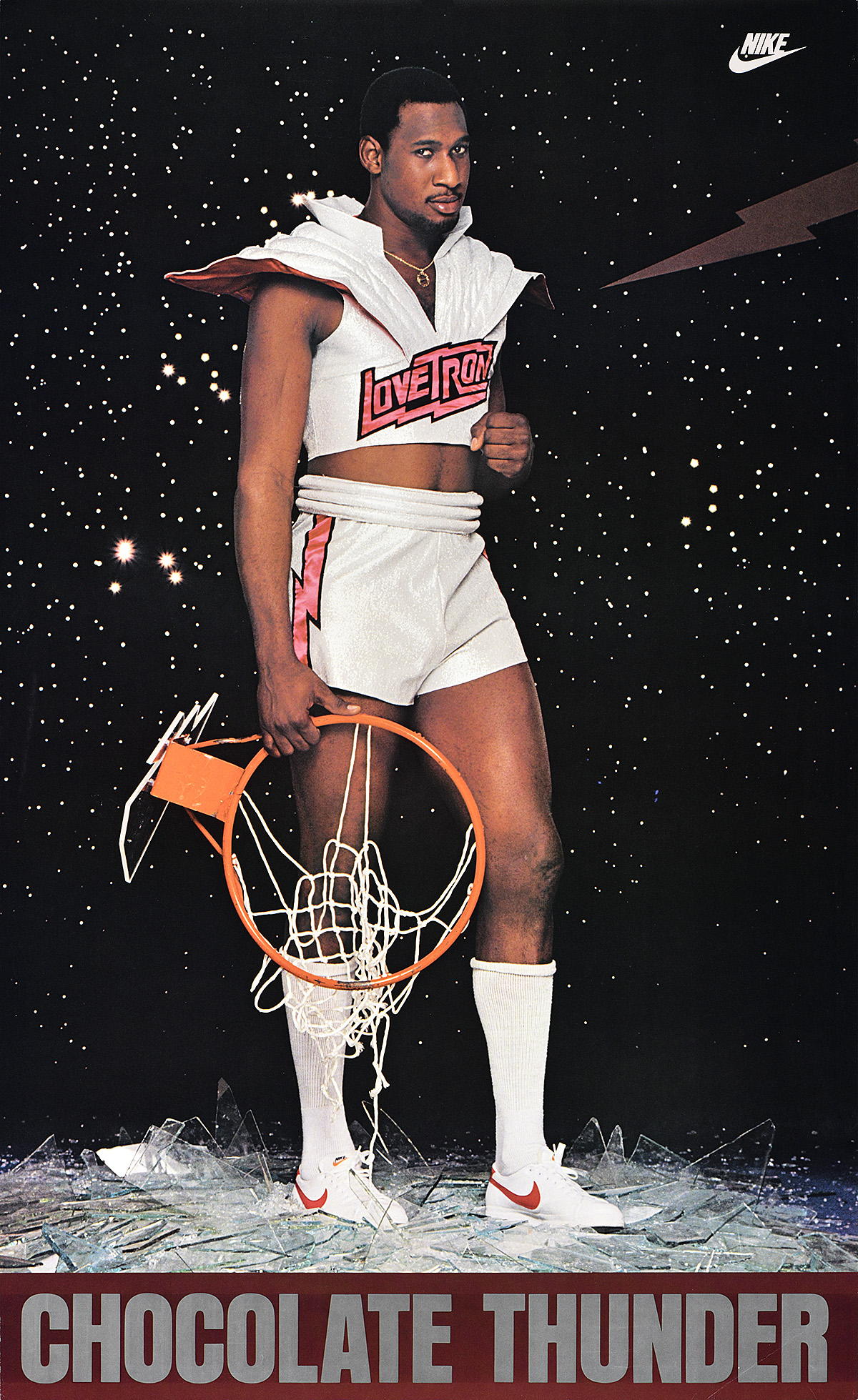 A poster of a Black man in a futuristic basketball uniform holding a shattered basketball net.