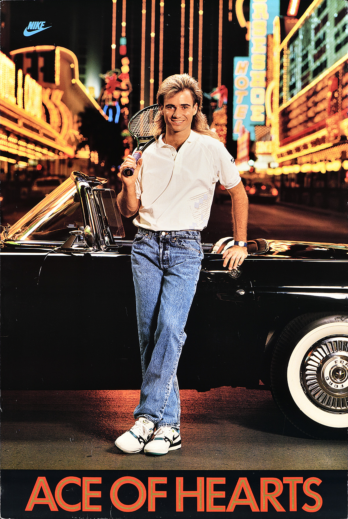 A poster of a man with a blond mullet leaning against a car and holding a tennis racquet in a glittering city.