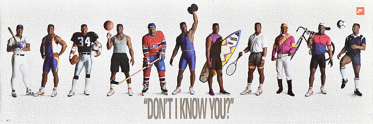 A poster of one Black man posing in 11 different sports uniforms on a white background.