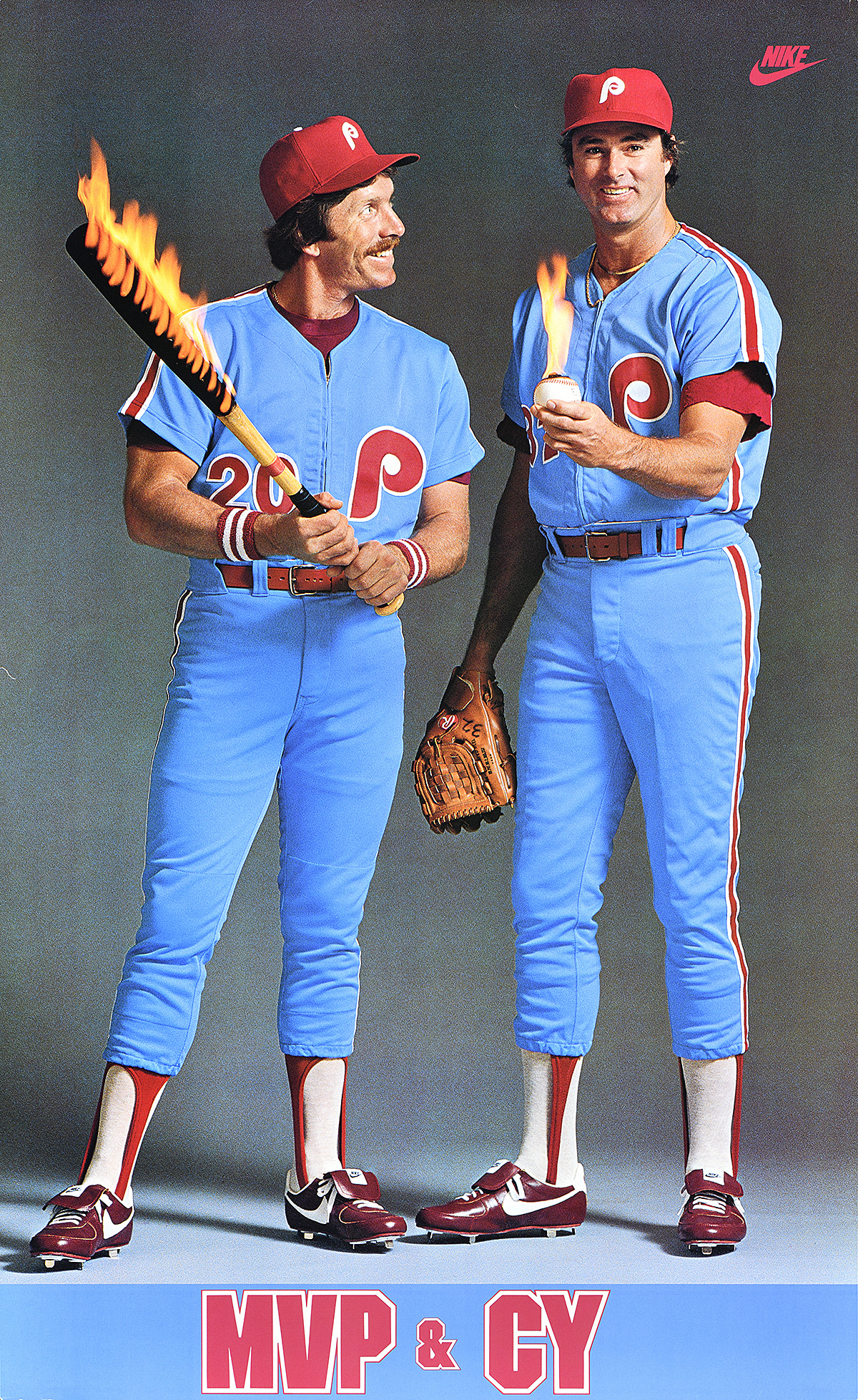 A poster of 2 white mean in blue baseball uniforms wielding a baseball and a bat, both on fire.