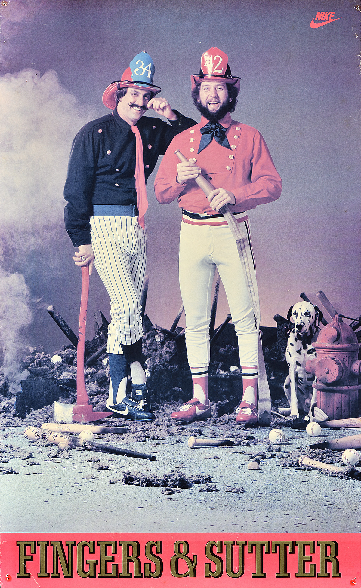 A poster of 2 white men in baseball pants and firefighter jackets and hats next to a fire hydrant.