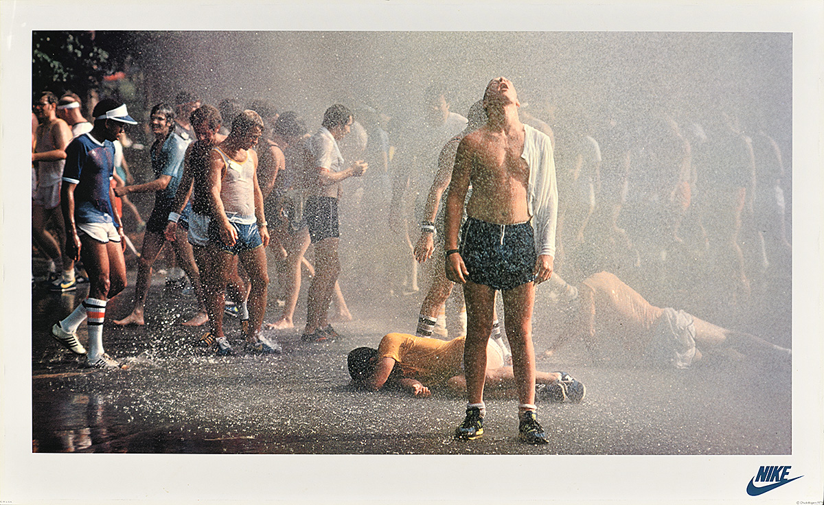 A poster of runners at the finish line in heavy rain; most are standing but 2 have collapsed.