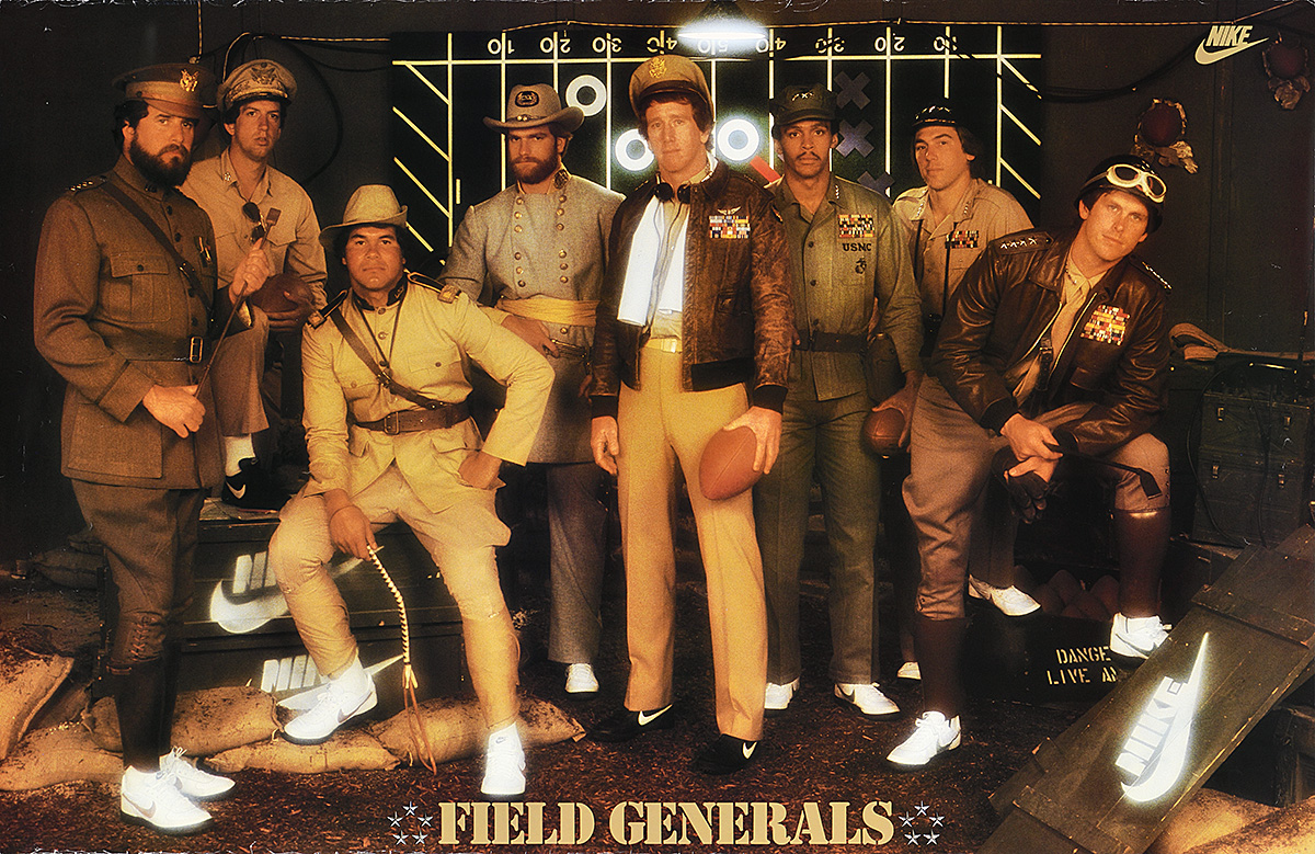 A poster of 8 men wearing various historic American military uniforms and Nike shoes.