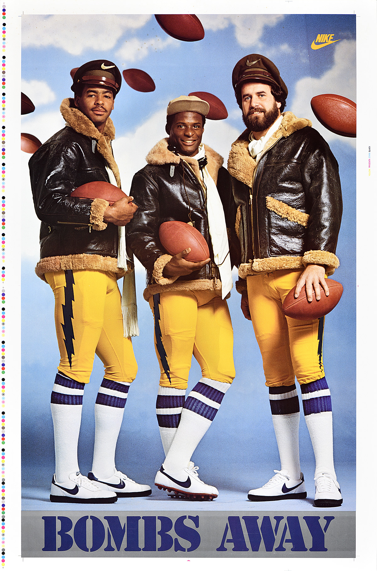 A poster of 3 male football players in football pants and pilot jackets holding footballs