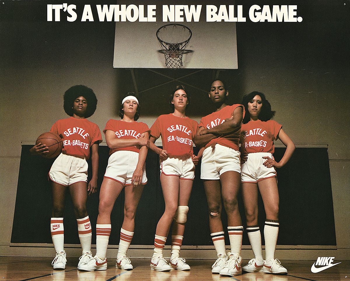 A poster of 5 female basketball players with various skin tones lined up on a court.