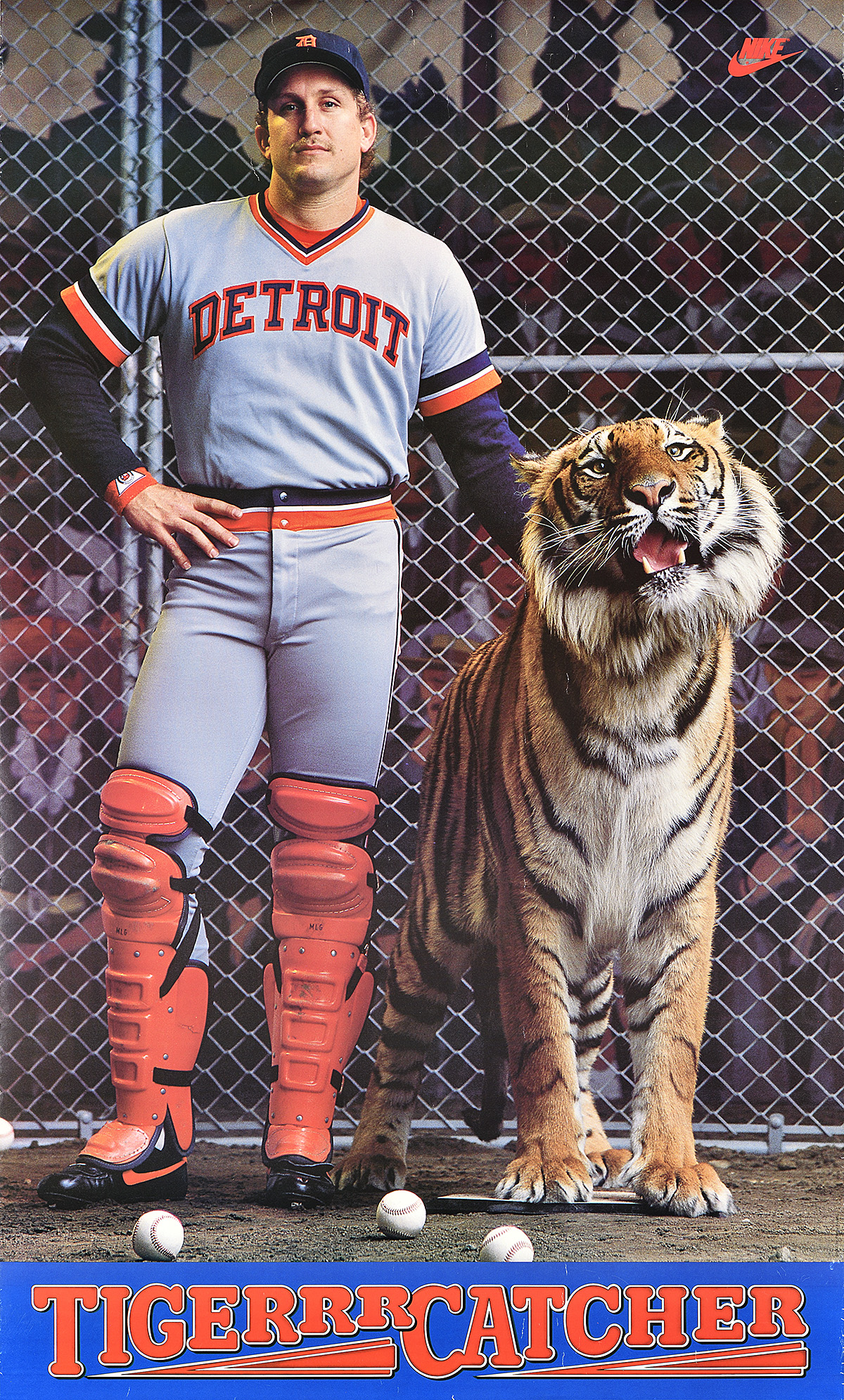 A poster of a white man in a Tigers baseball uniform posing next to a tiger on a baseball field.