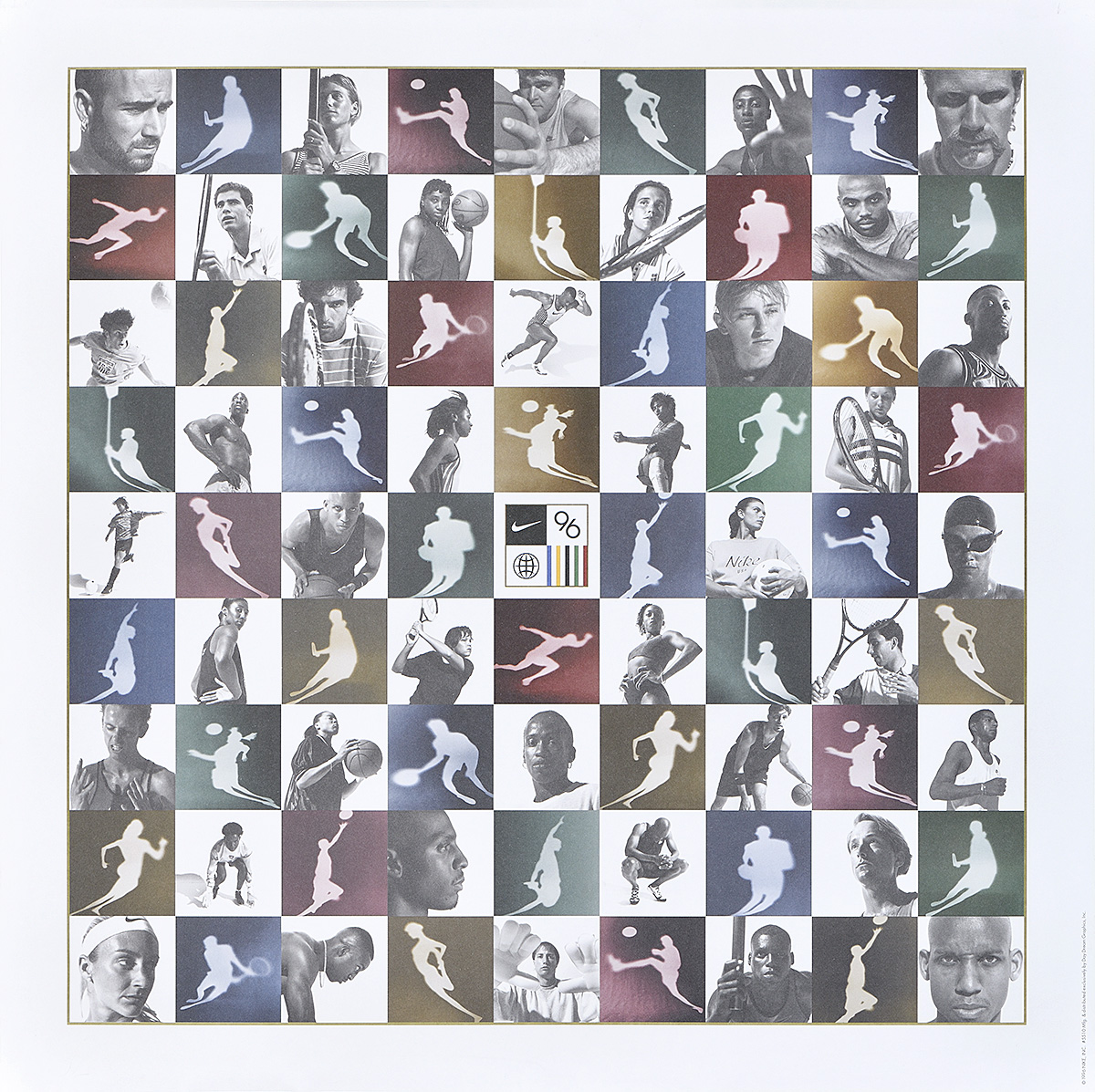 A poster with a checkerboard of photographs showing the silhouettes of athletes playing sports.