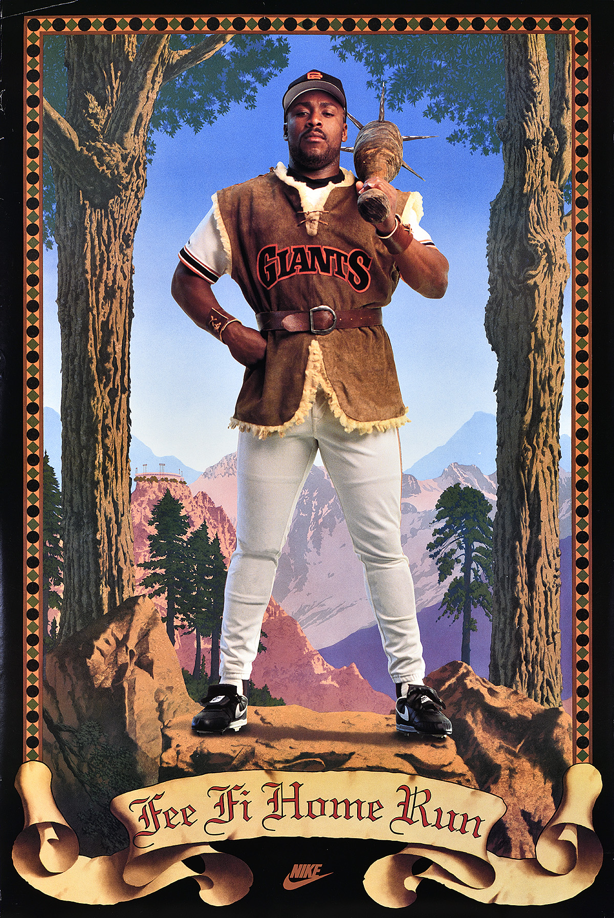 A poster of a Black man in a baseball uniform and a belted brown vest in a fairytale forest.