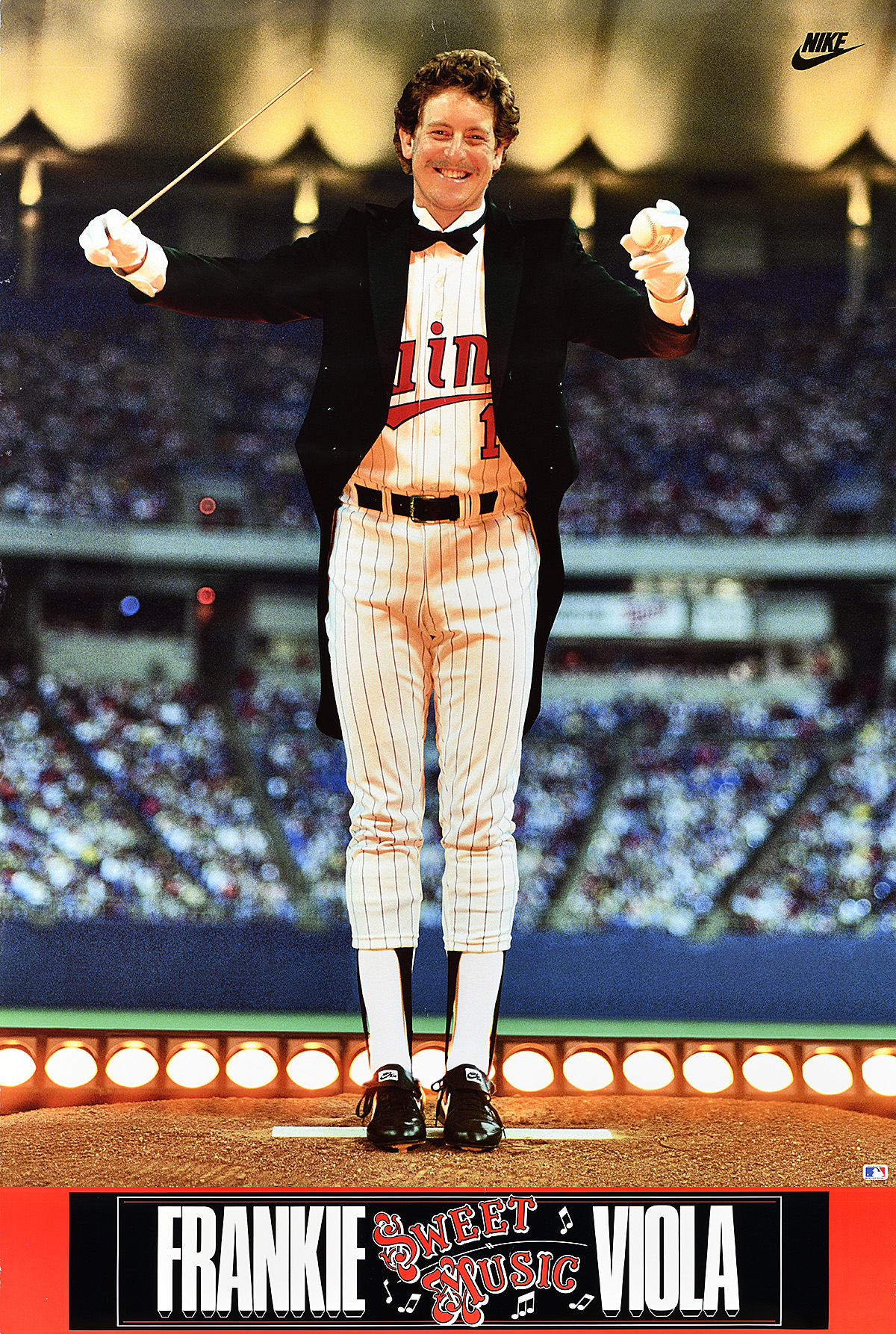 A poster of a man in a baseball uniform and a tuxedo conducting an orchestra on a baseball field.