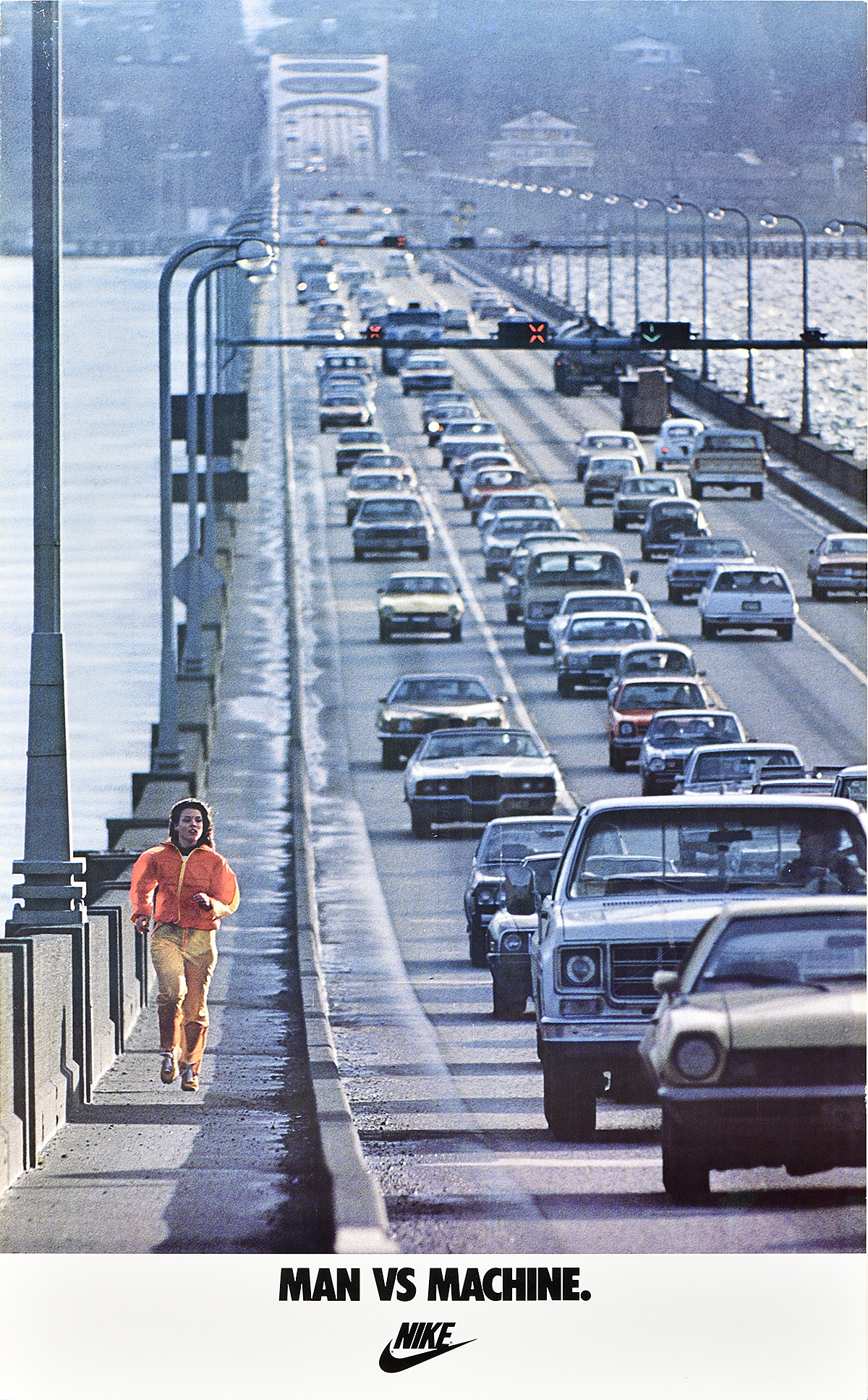 A poster of a white woman in bright clothing running on a bridge path alongside 4 lanes of traffic.