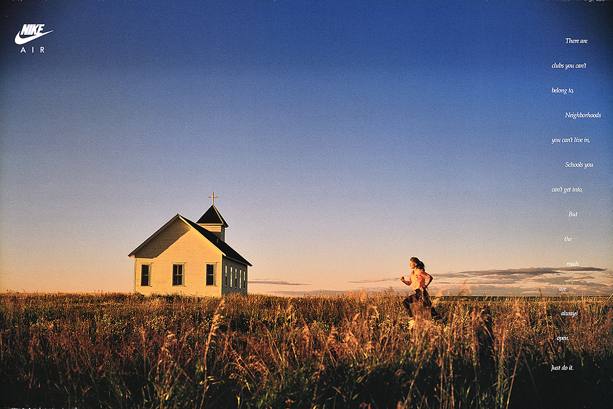 A poster of a white woman running in a field at sunset with a small church in the background.