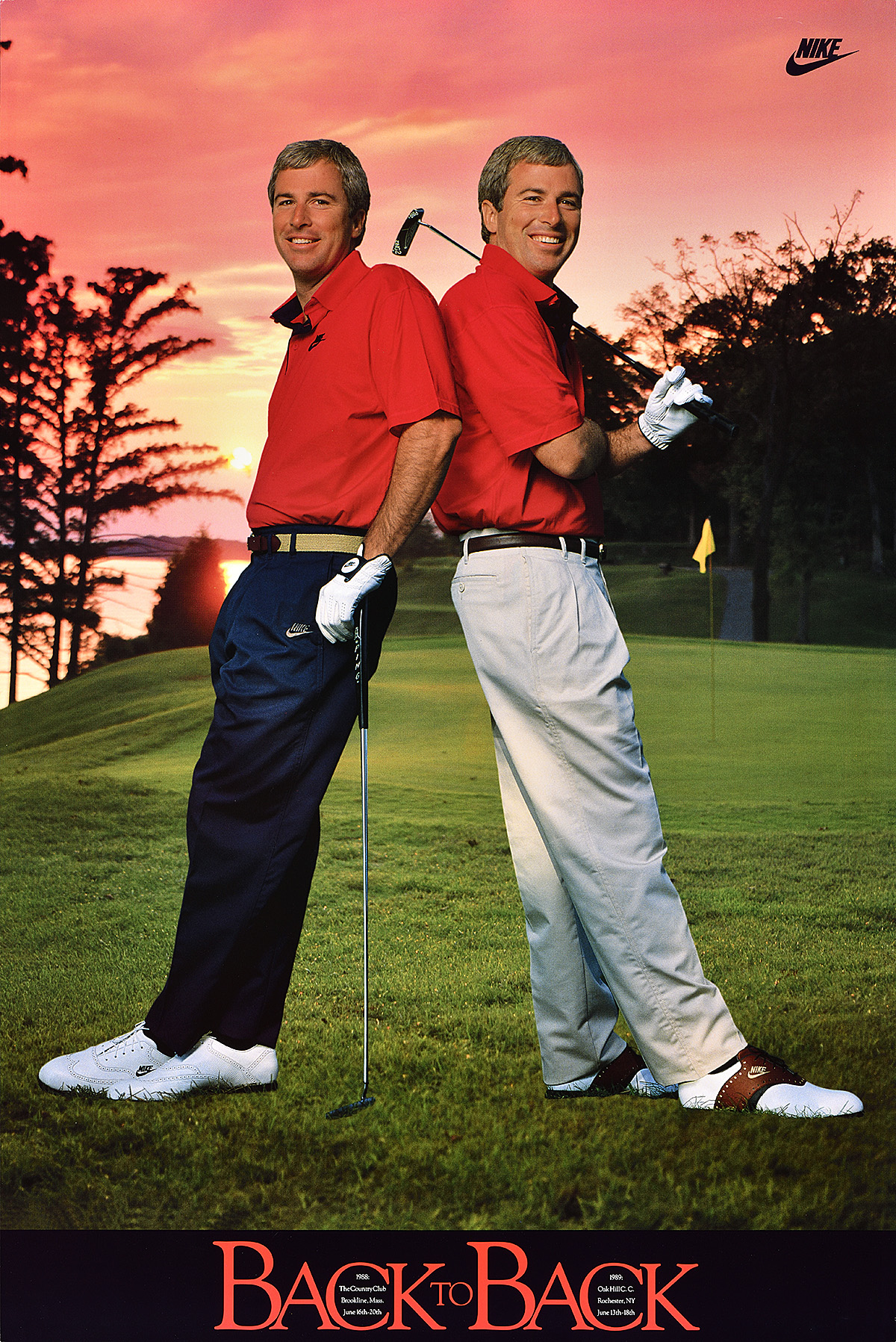 A poster of 2 white men in golf clothes leaning back to back on a golf course at sunset.