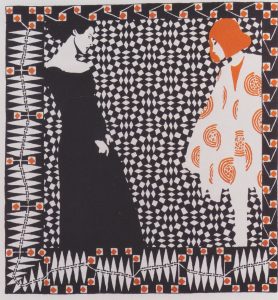 2 illustrated women, one in black, one in orange, looking towards each other on a geometric background.