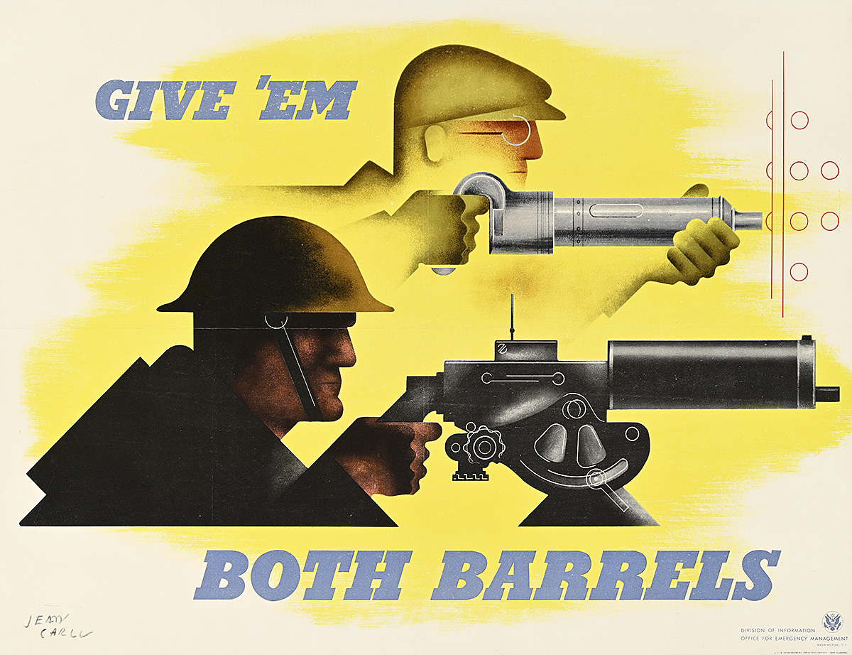 A poster of a soldier in profile with a machine gun, his outline echoed by that of a factory worker behind him with a rivet gun.