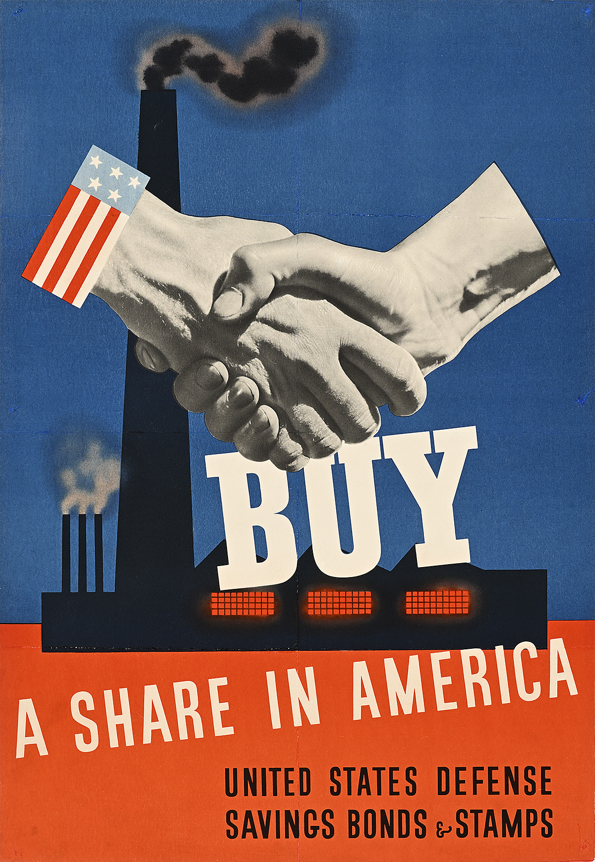 A poster of 2 hands, one with a U.S, flag cuff, shaking across factory smokestacks in the background.