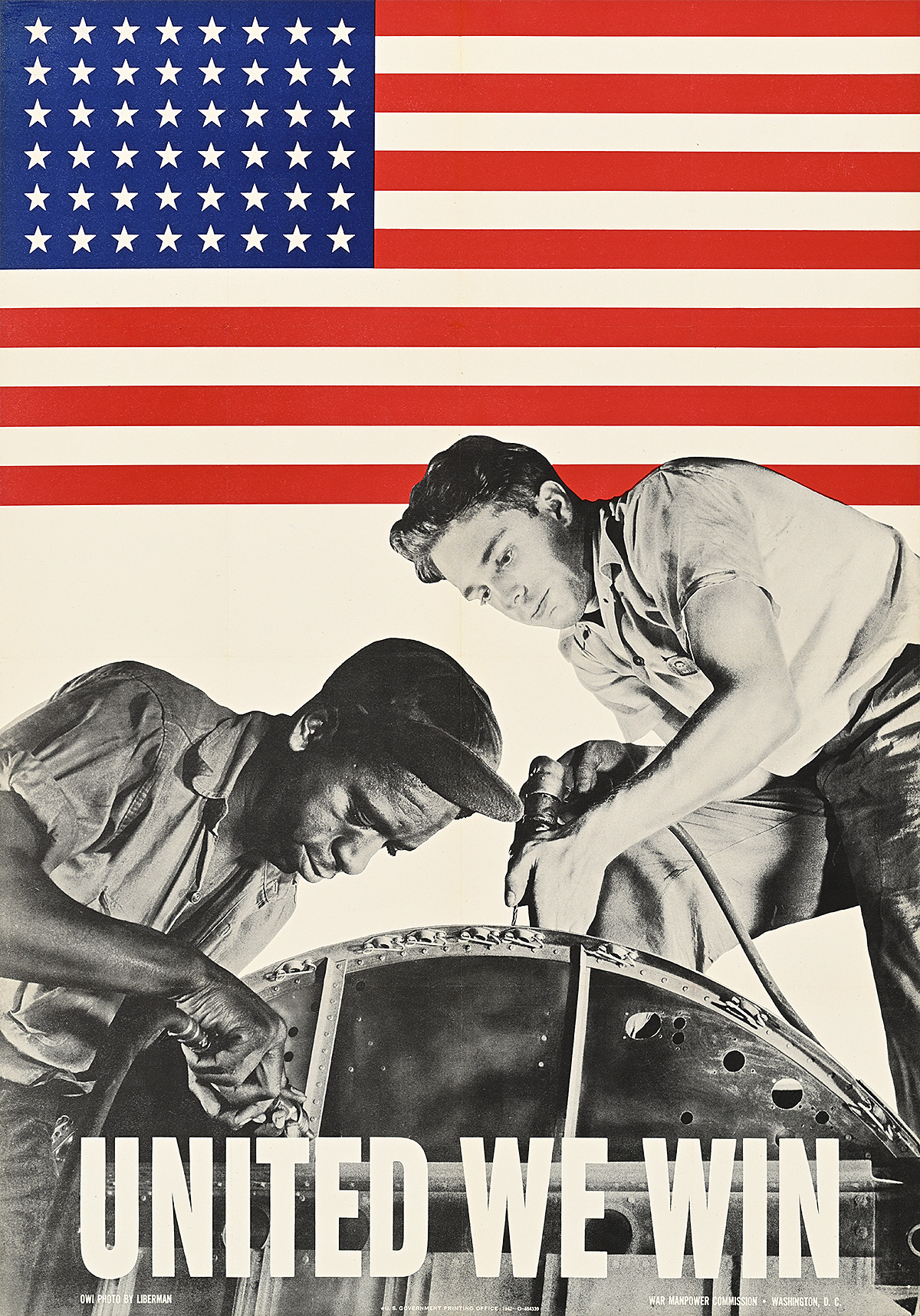 A poster of 2 male factory workers, one Black, one white, working on plane parts under a U.S. flag.