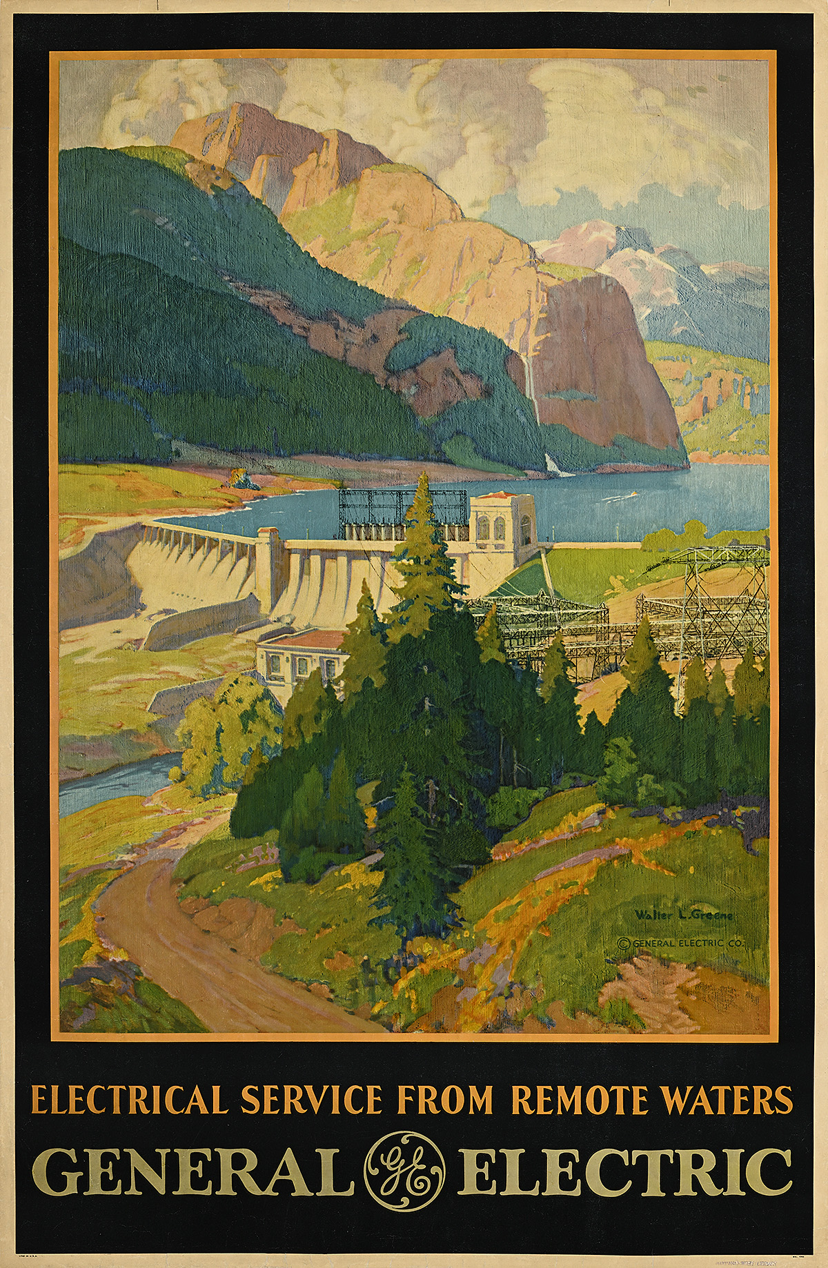 A poster of a river landscape and a dam with mountains in the background.