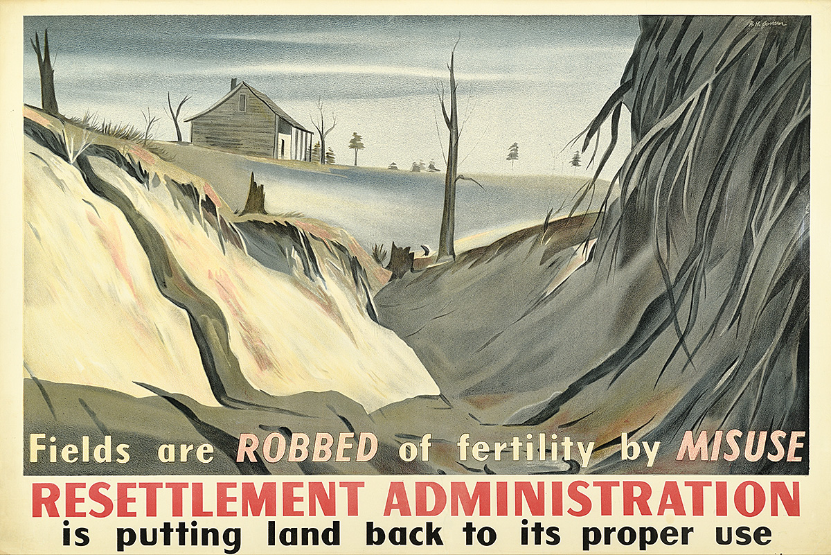 A poster of devastated farmland with dead trees and a house in the background.