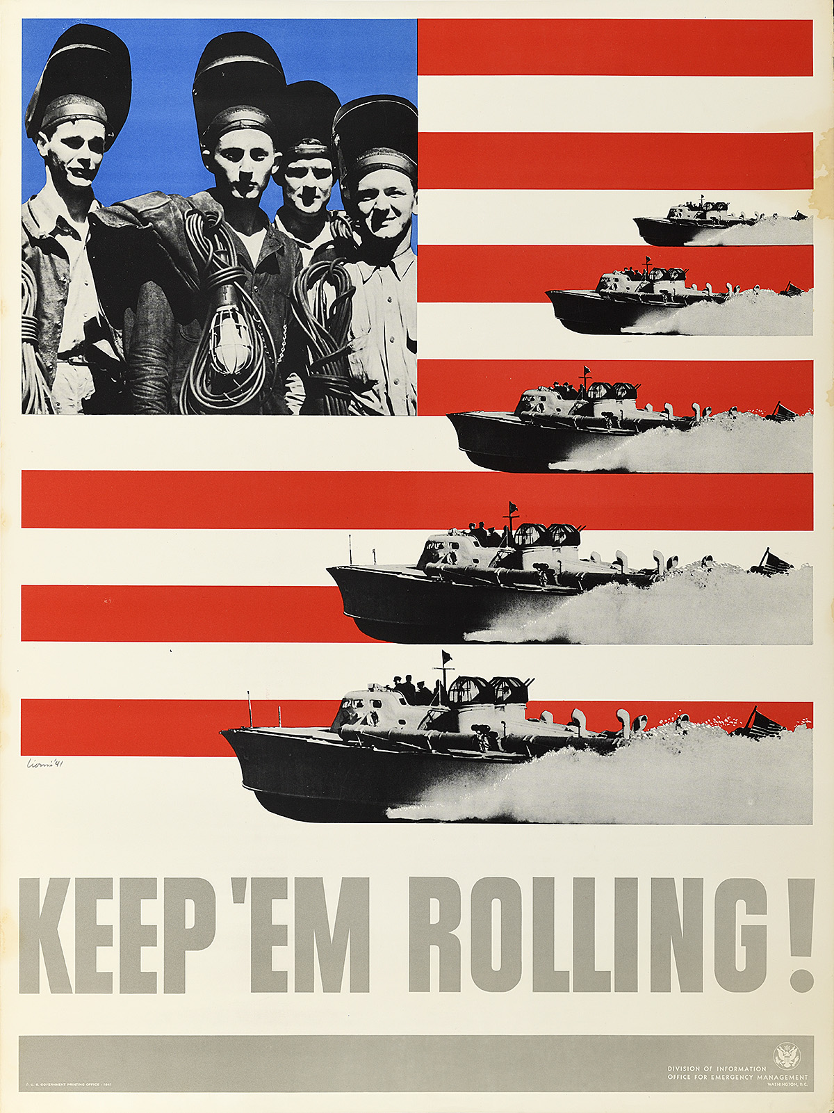 A poster of 4 shipbuilders and 4 attack ships printed over a simplified U.S. flag.