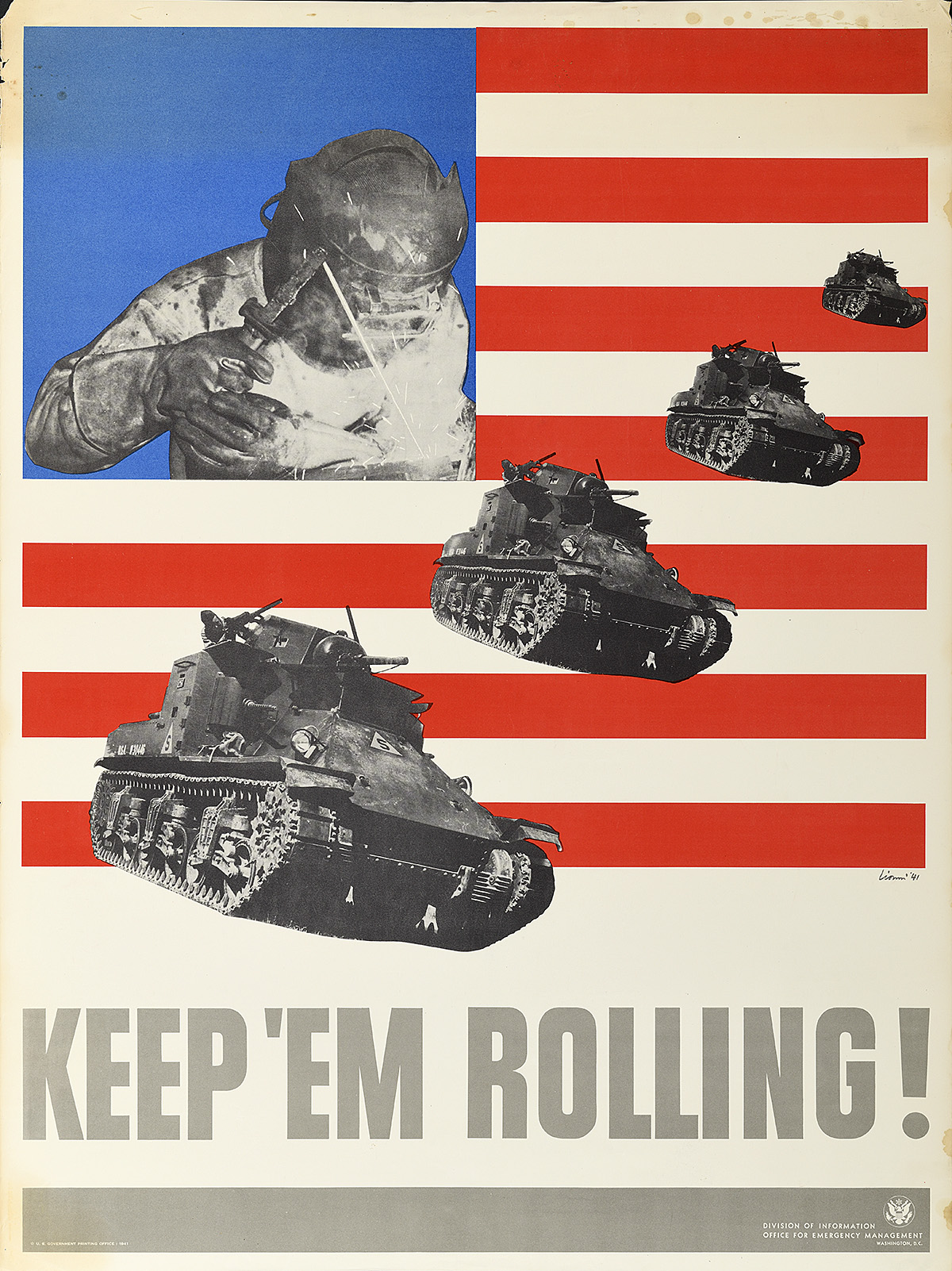 A poster of a factory worker and 4 tanks printed over a simplified U.S. flag.