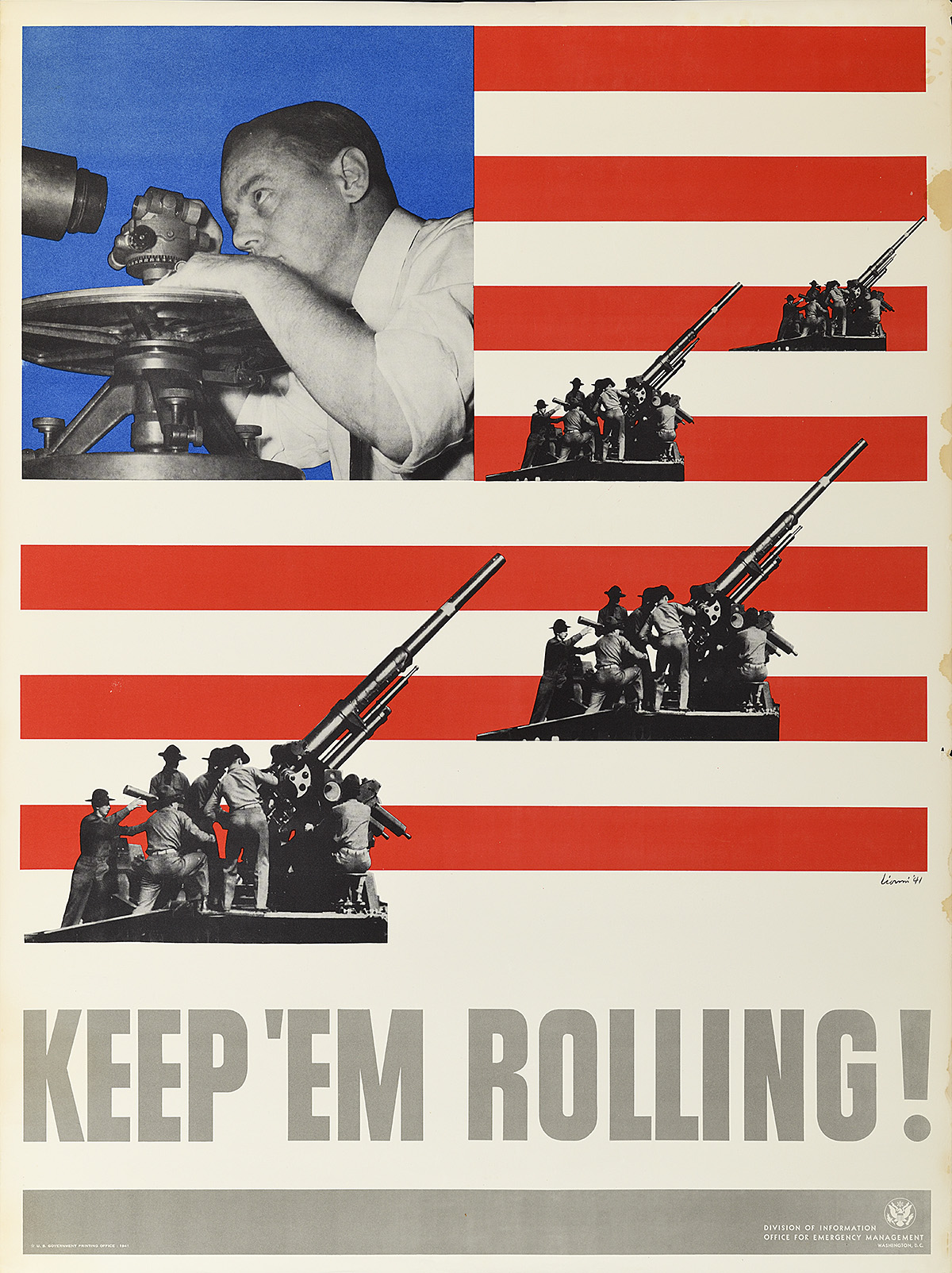 A poster of a factory worker and 4 anti-aircraft guns printed over a simplified U.S. flag.