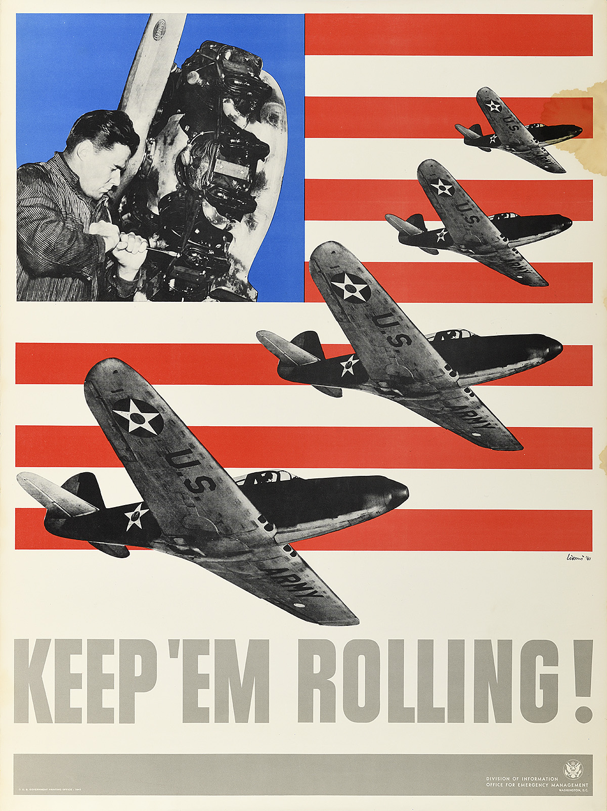 A poster of a factory worker and 4 fighter planes printed over a simplified U.S. flag.