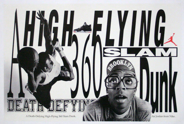 A poster of a Black man with glasses looking up as another Black man dunks a basketball against a ground of text.