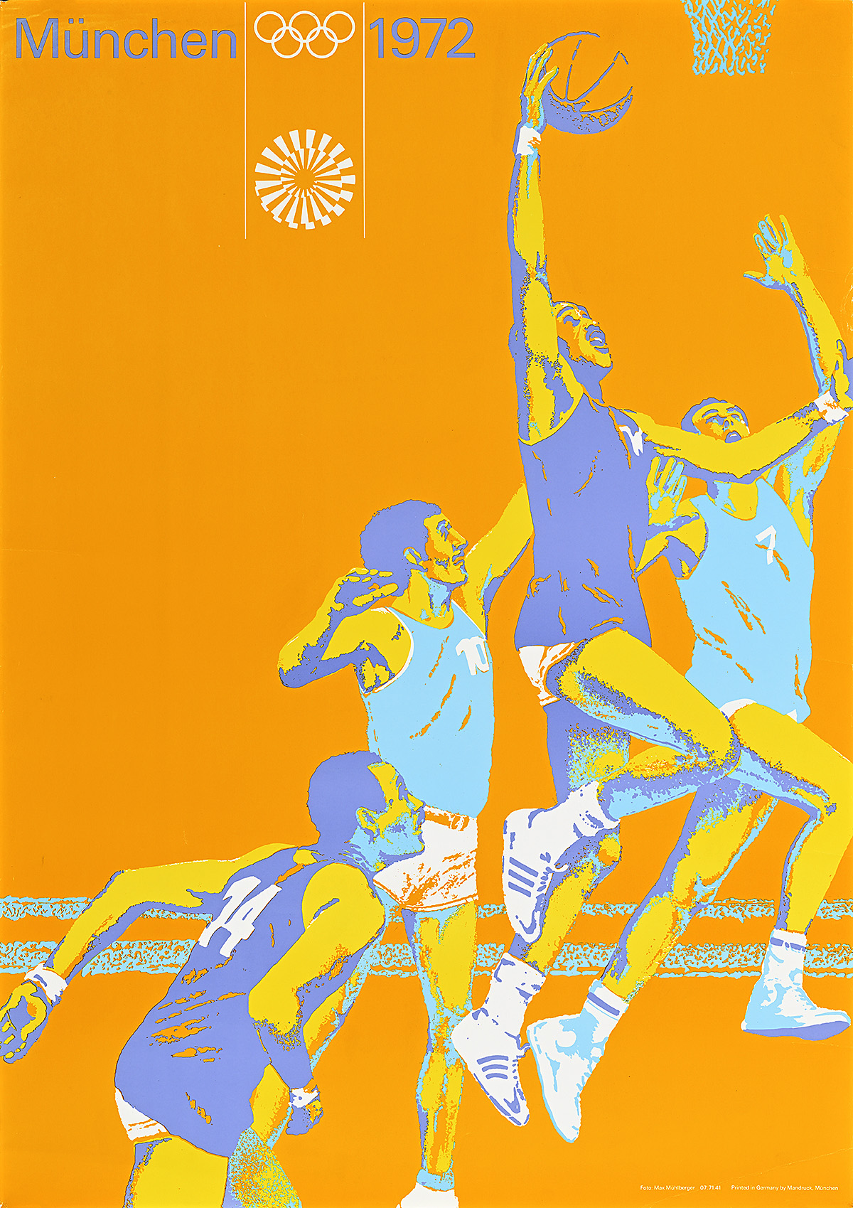 A poster of 3 yellow basketball players trying to block a 4th from dunking against an orange background.