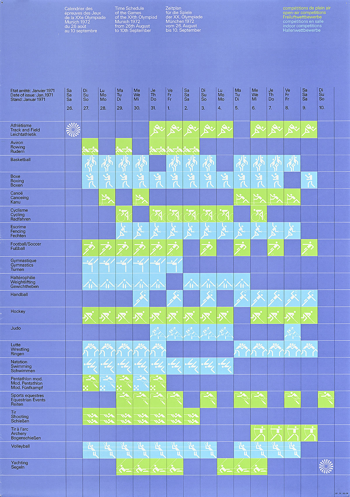 A poster of a time schedule with lines of green and blue squares on a purple background.