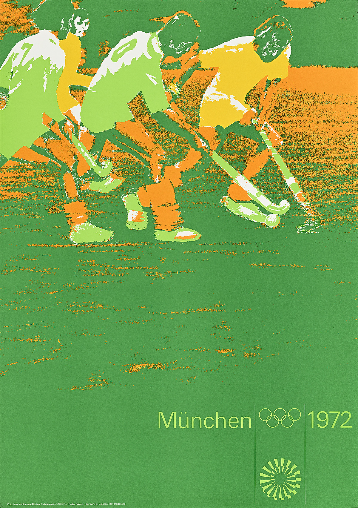 A poster of 4 field-hockey players in yellow and green shirts in action on a dark-green background.