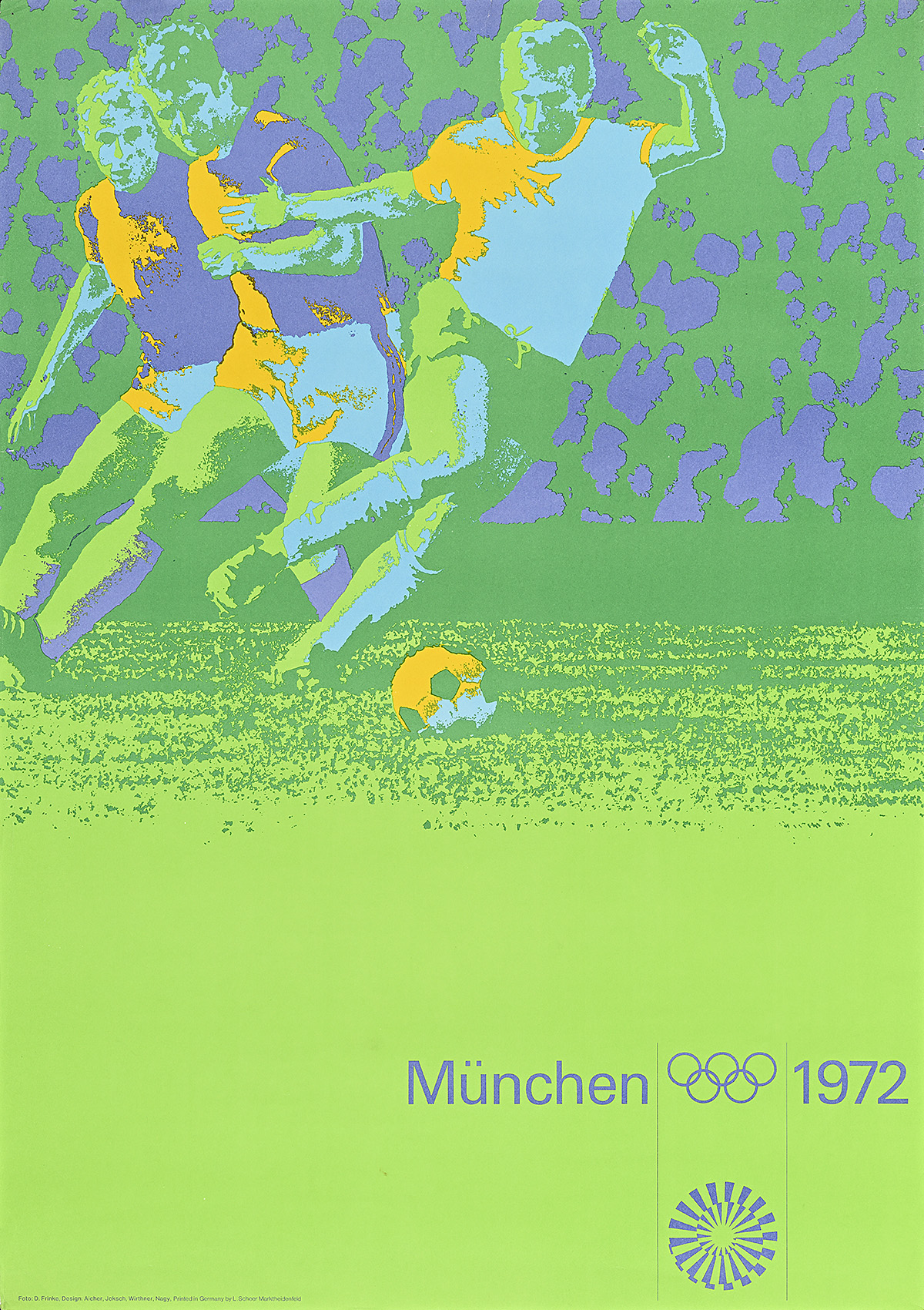 A poster of 3 light-green players fighting for a soccer ball on a dark-green background.