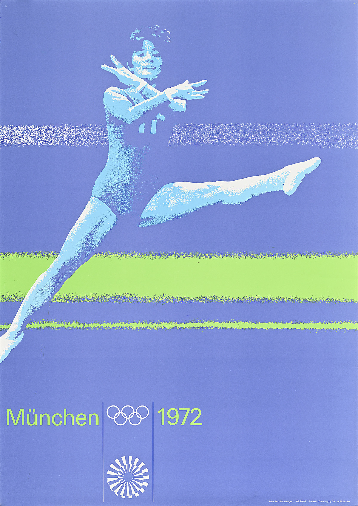 A poster of a blue, female gymnast leaping against a purple background.