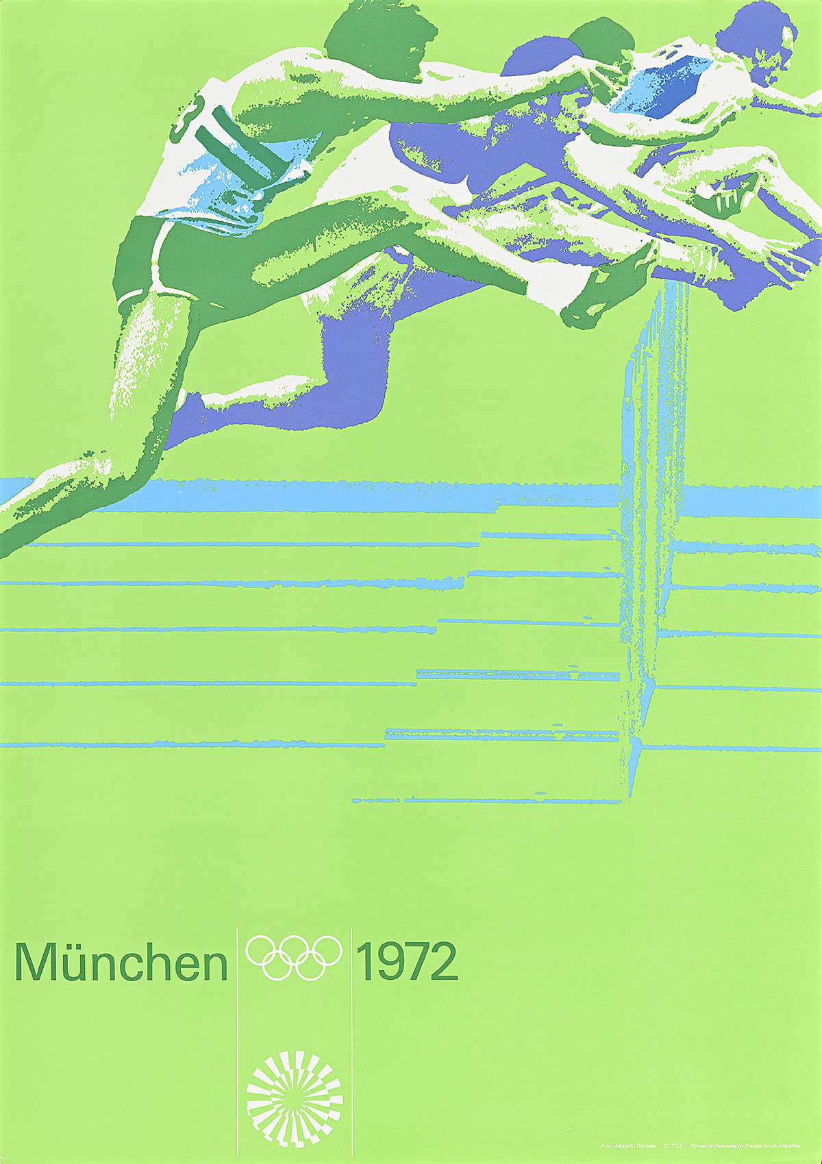 A poster of 4 green-and-purple athletes jumping over hurdles on a light-green background.