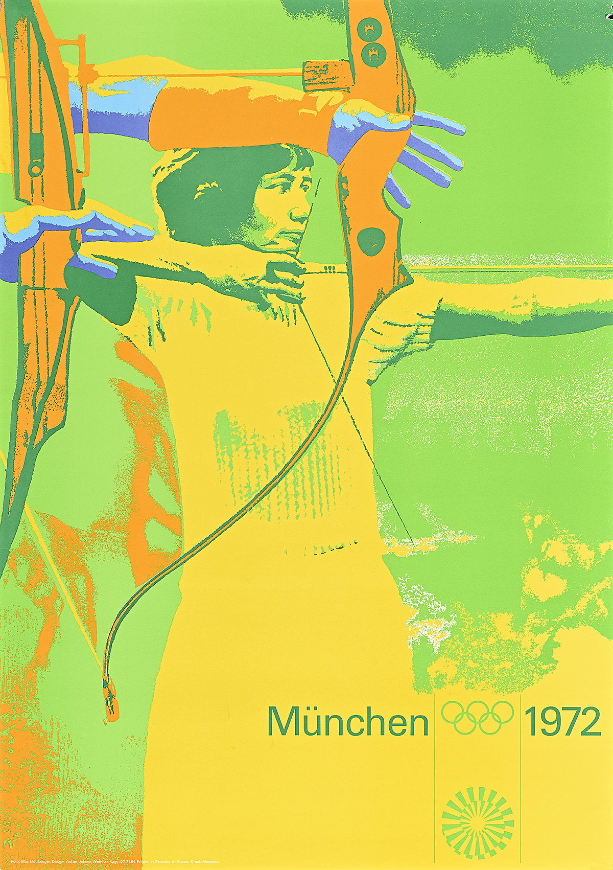 A poster of a yellow woman shooting a bow and arrow on a light-green background.