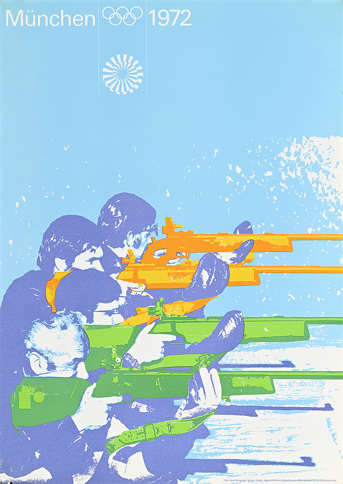 A poster of 4 purple-and-white athletes shooting rifles in a line on a light-blue background.