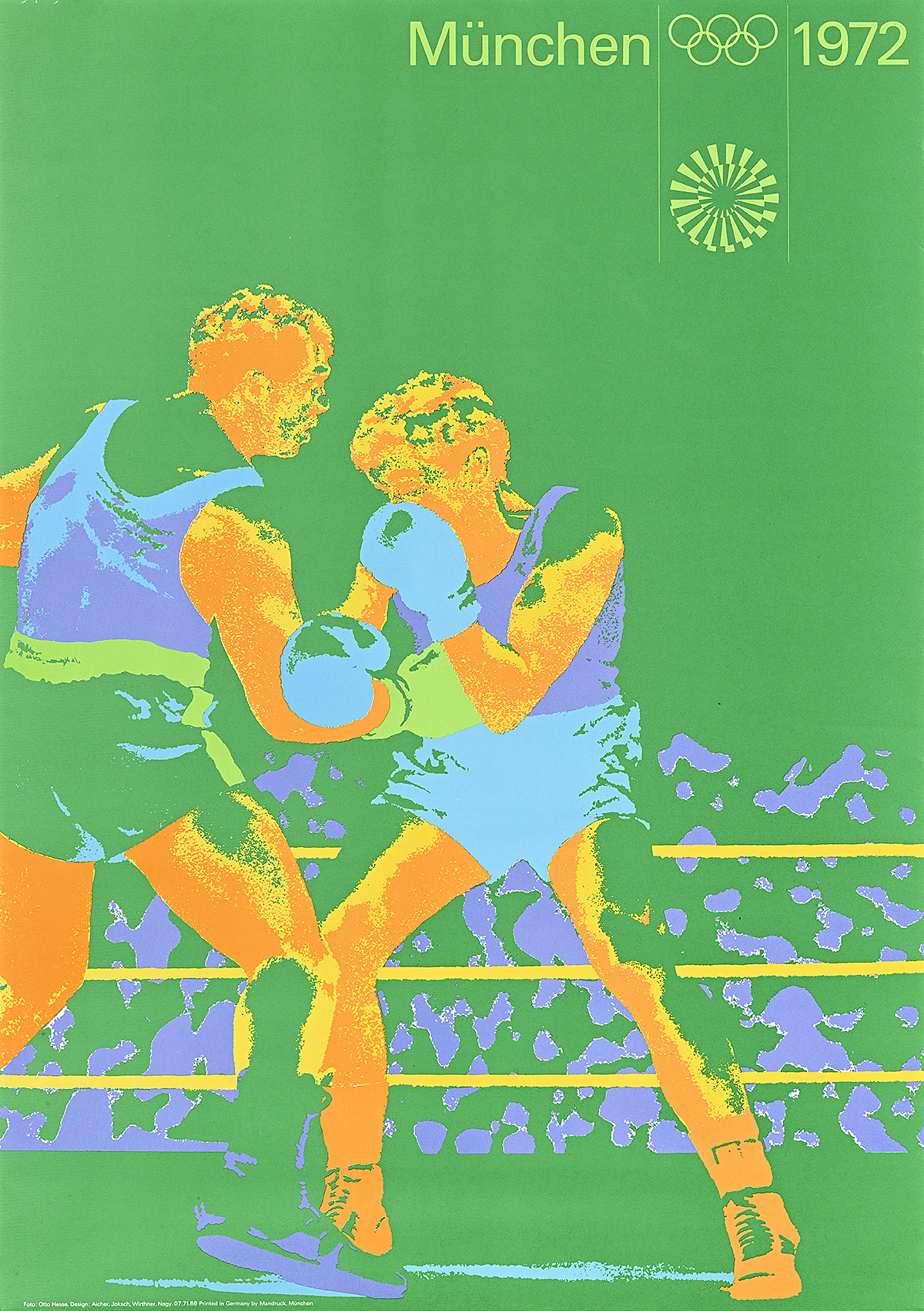 A poster of 2 orange men boxing on a bright-green background.