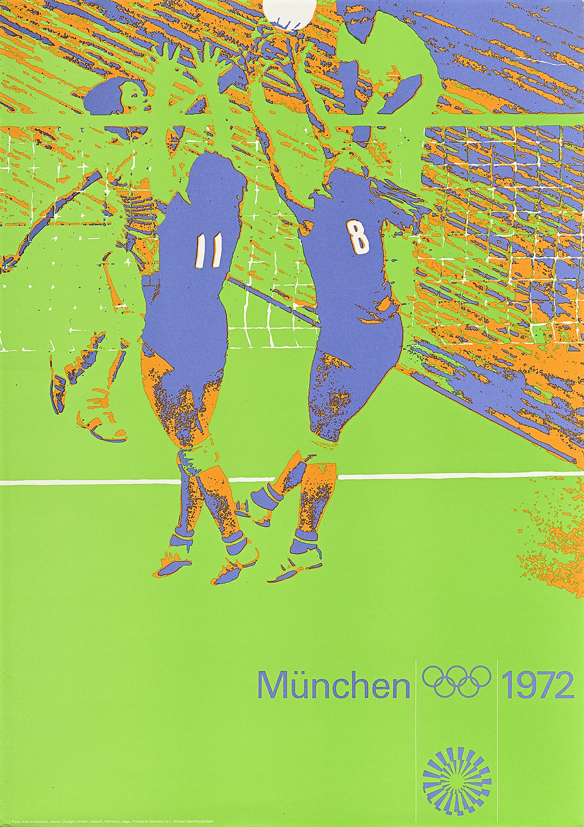 A poster of 2 purple volleyball players leaping to hit the ball over the net on a bright-green background.