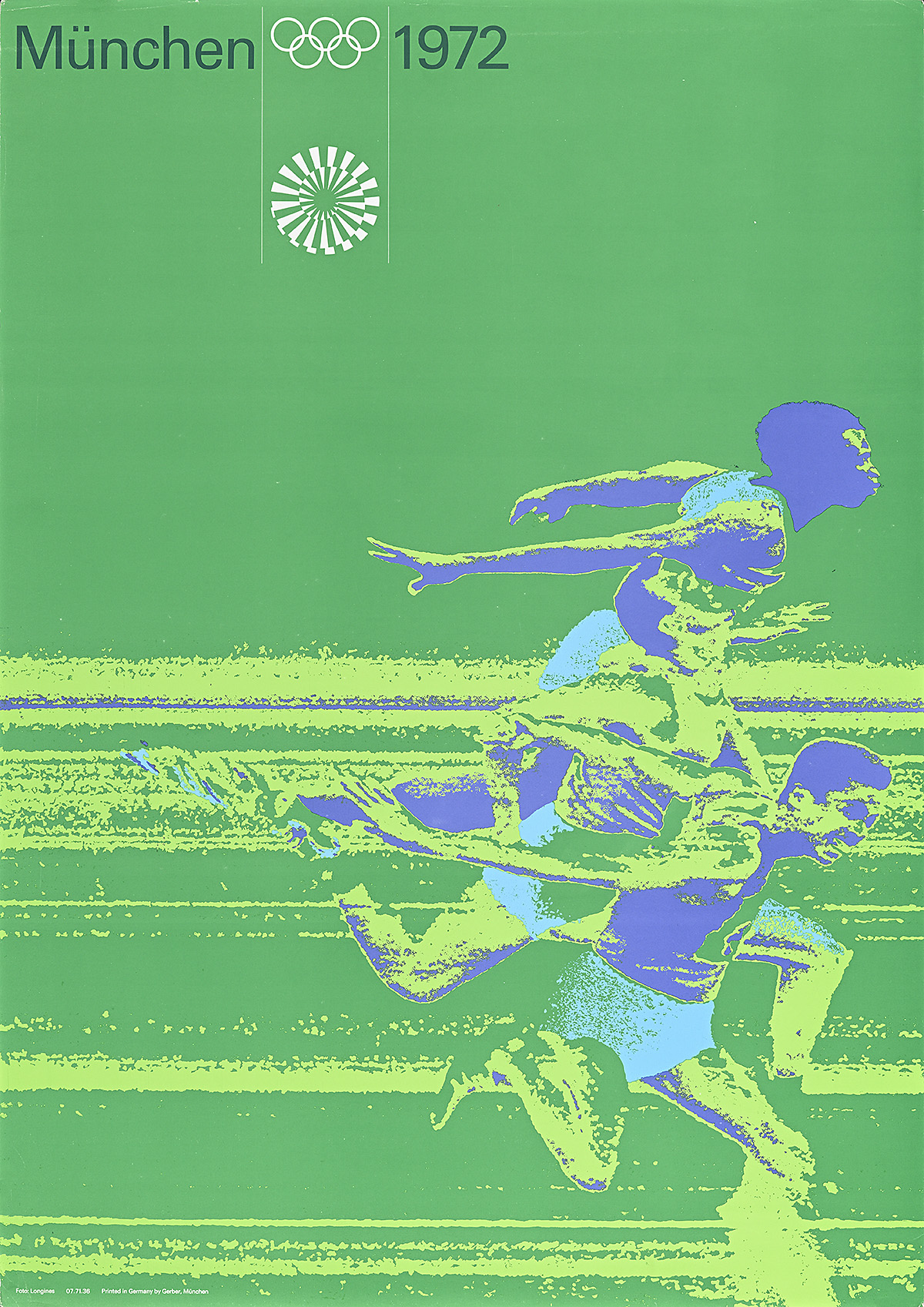 A poster of 3 purple and light-green athletes running on a dark-green background.