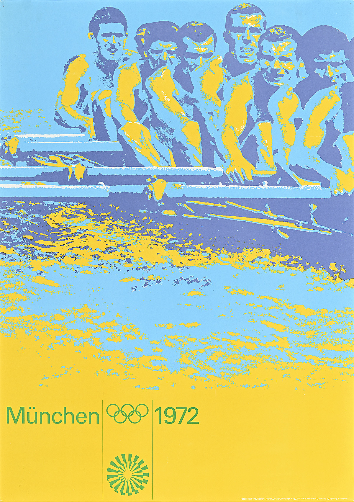 A poster of 6 oarsmen in purple, yellow, and light blue in a rowboat.