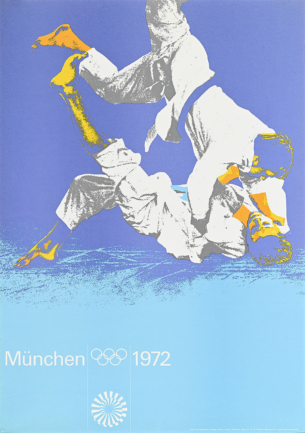 A poster of 2 judo wrestlers in white on a purple and light-blue background.