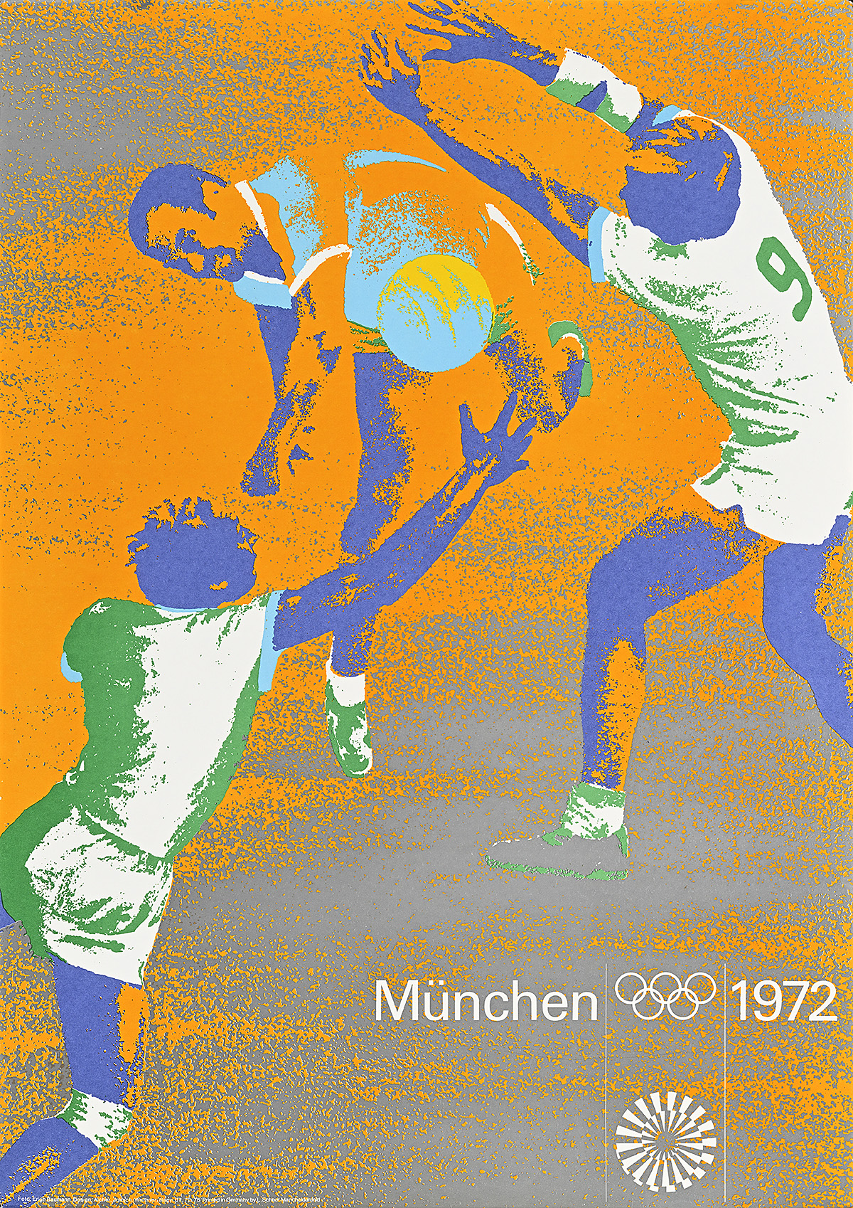 A poster of 3 purple athletes playing handball on an orange-and-gray background.