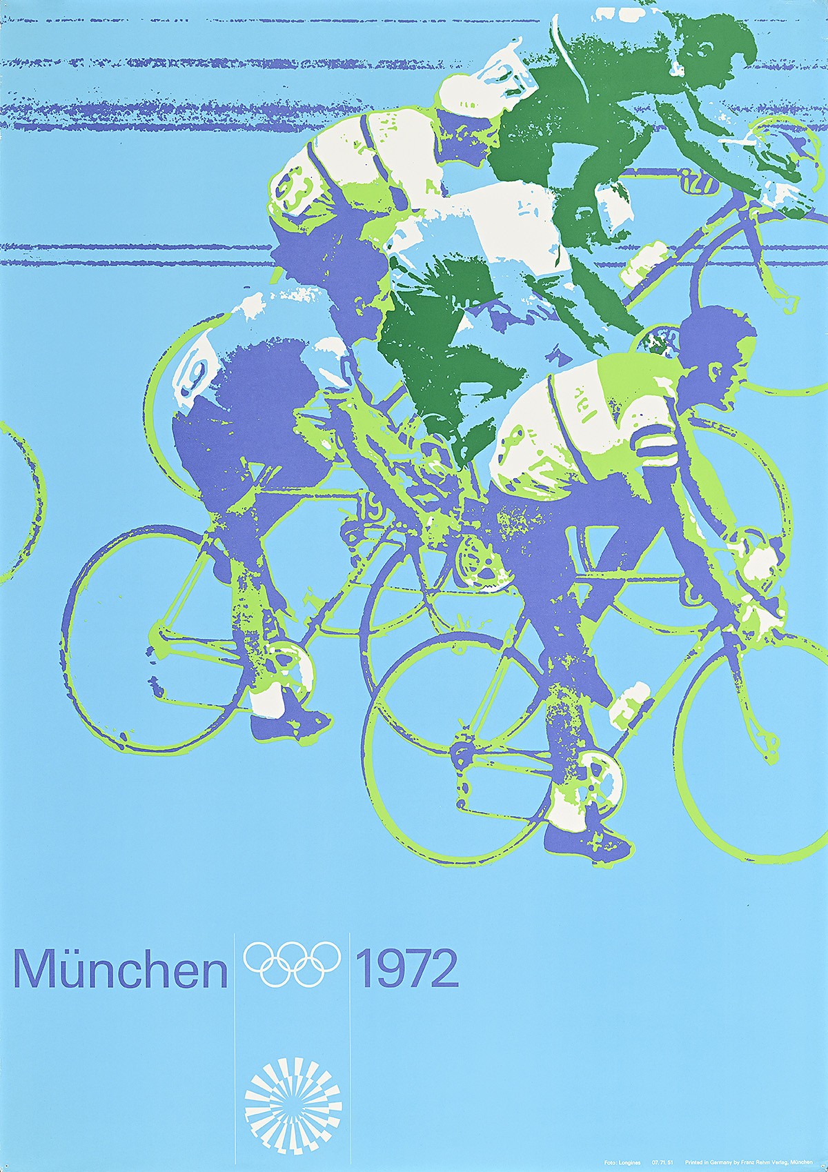 A poster of 5 purple-and-green figures cycling together on a light-blue background.