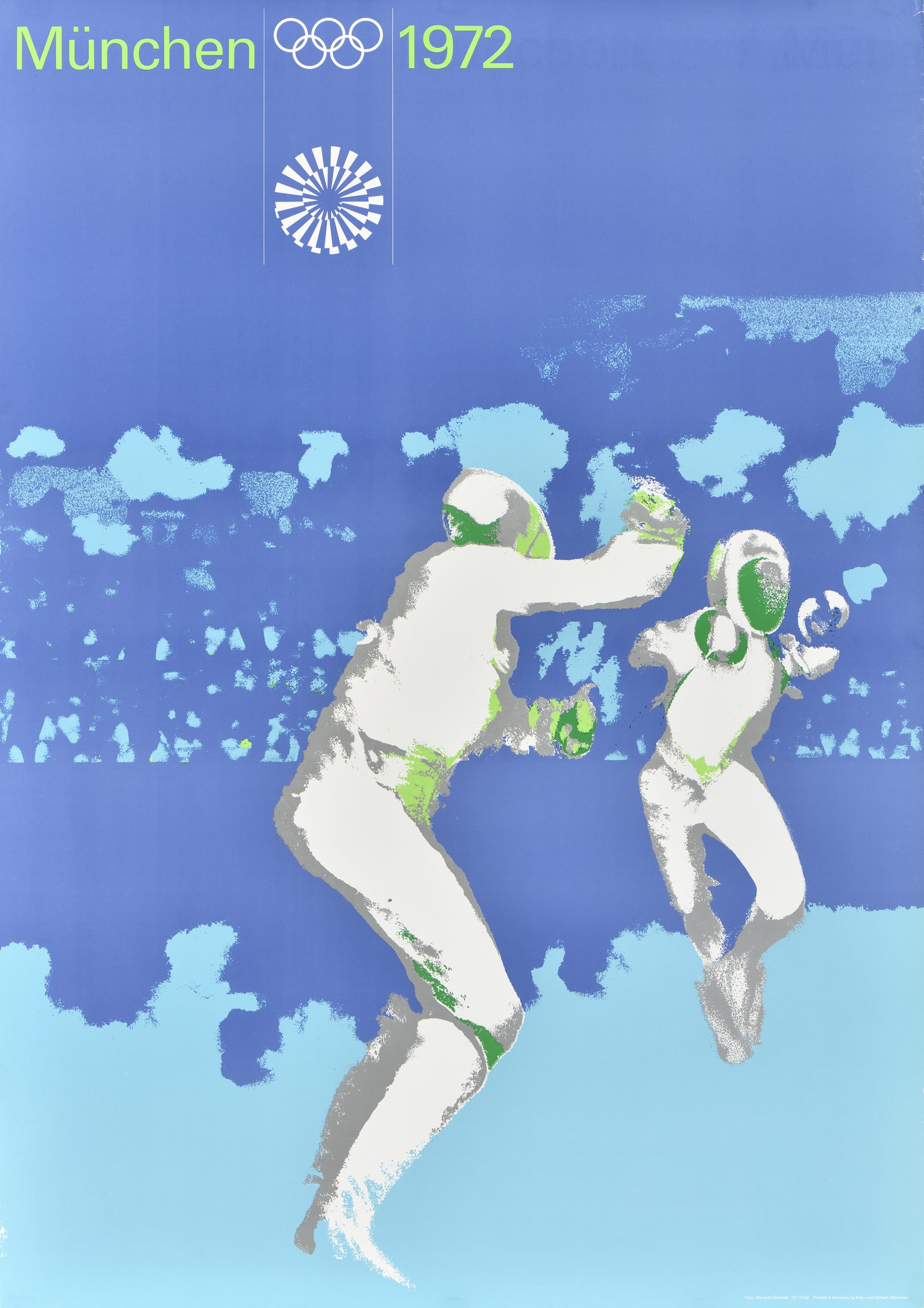 A poster of 2 white fencers in combat on a patchy light-and-dark-blue background.