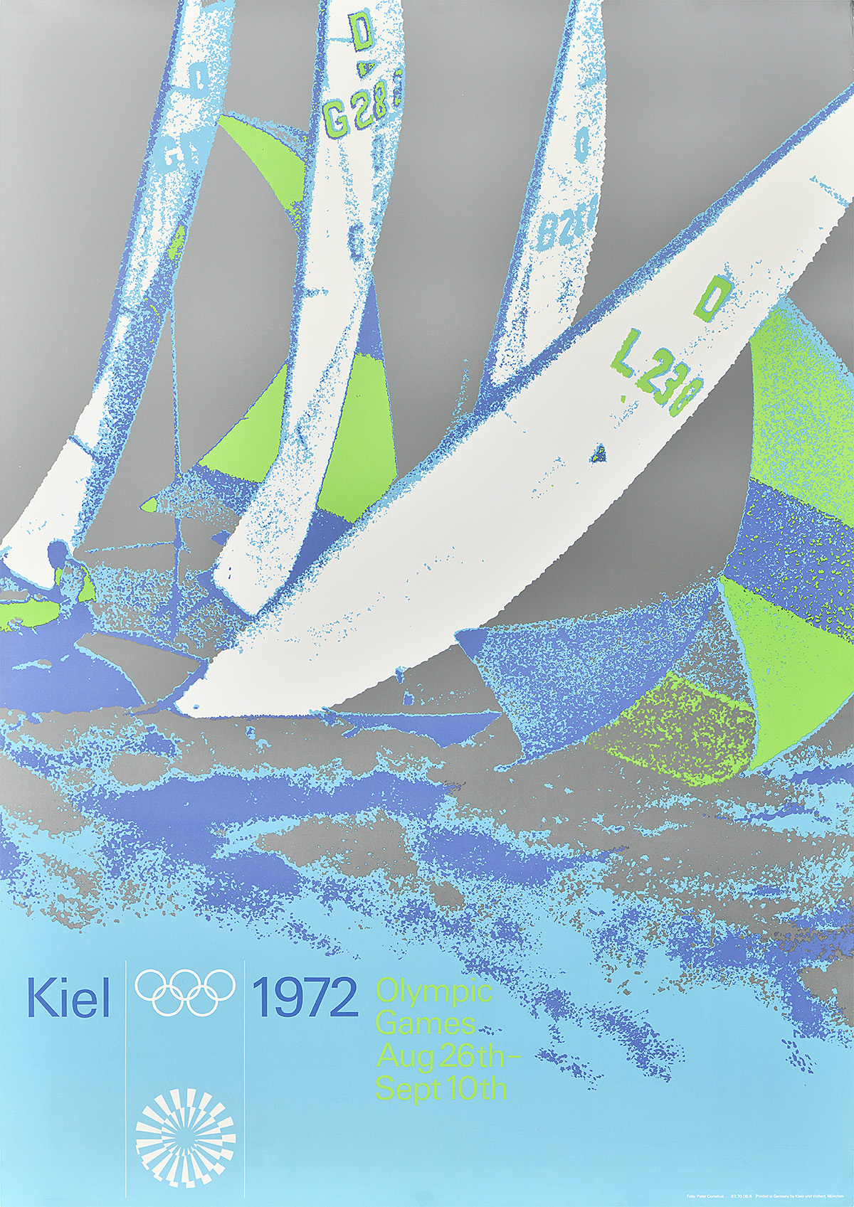 A poster of white-and-green sailboats on a gray and patchy-blue ground.