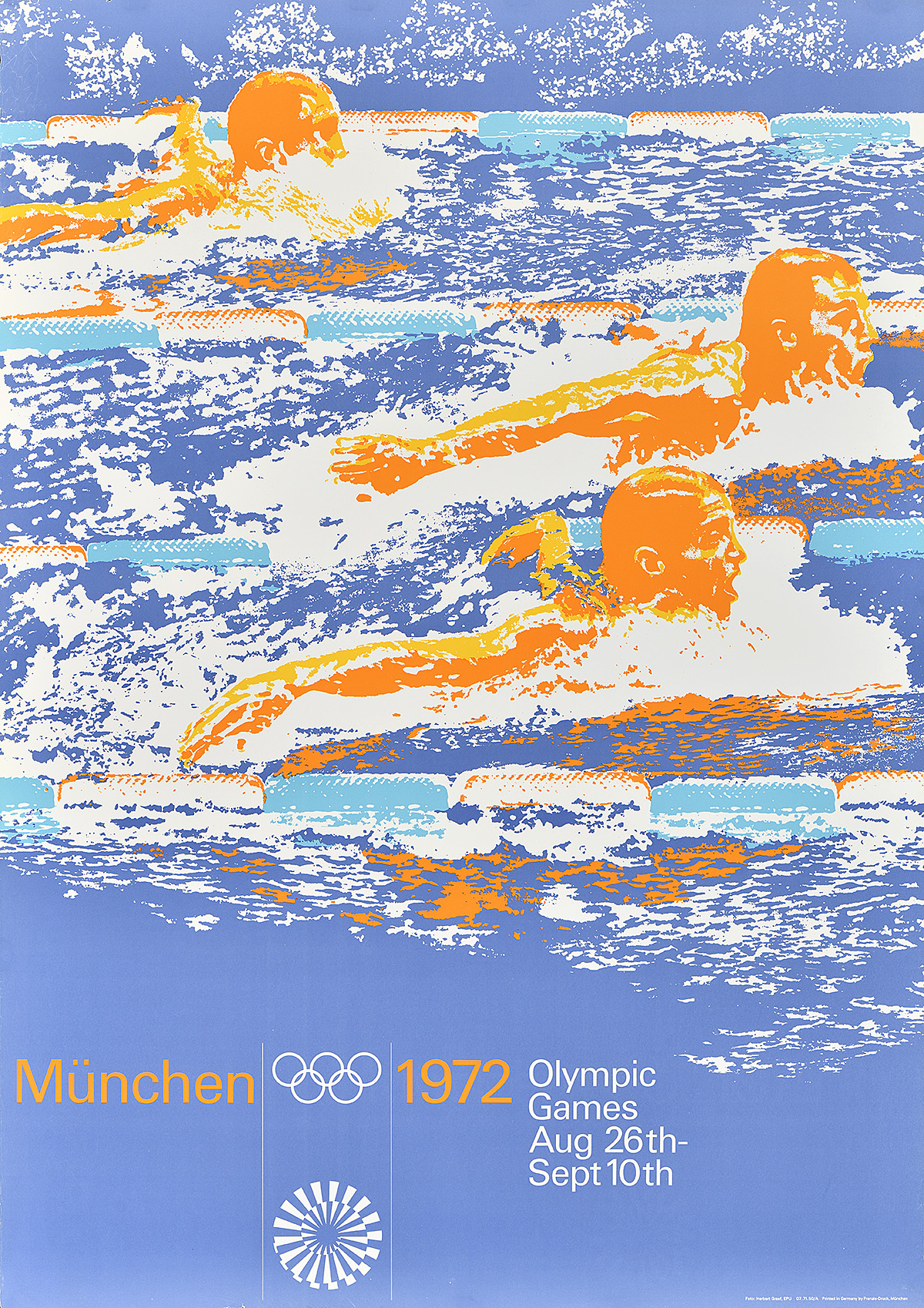 A poster of 3 orange swimmers racing in a pool between lane ropes.