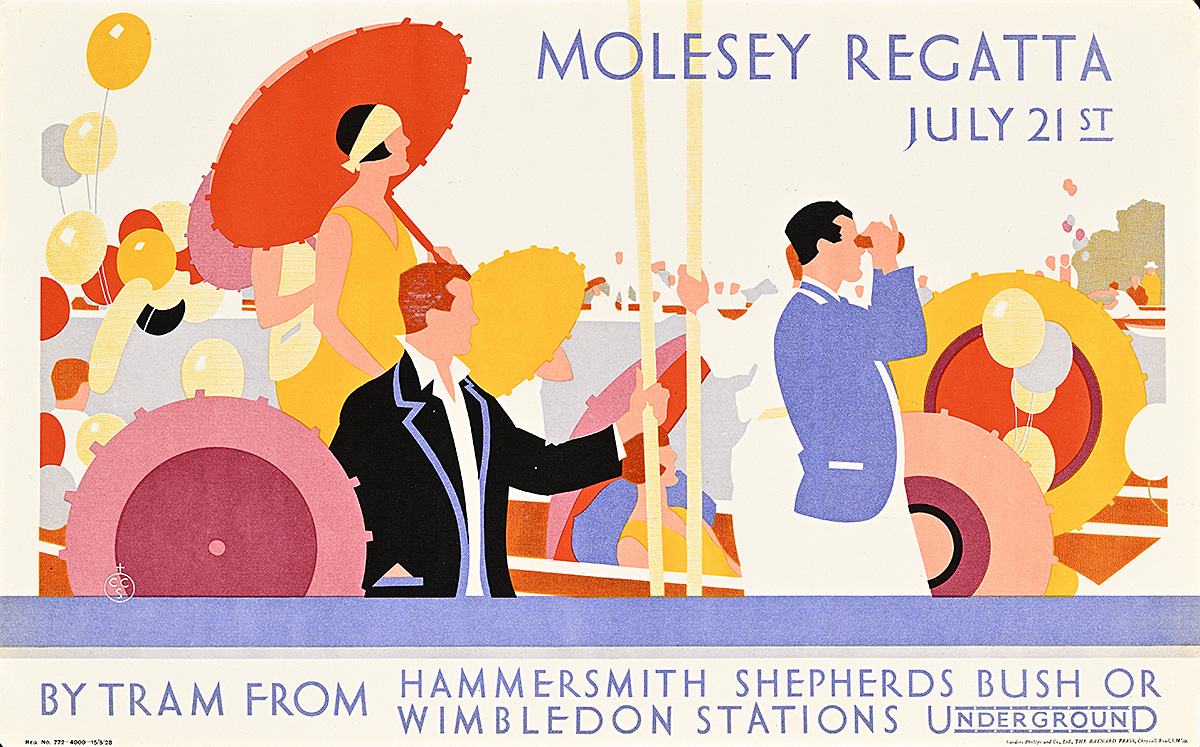 A poster of fashionable spectators watching a boat race, several with colorful parasols.