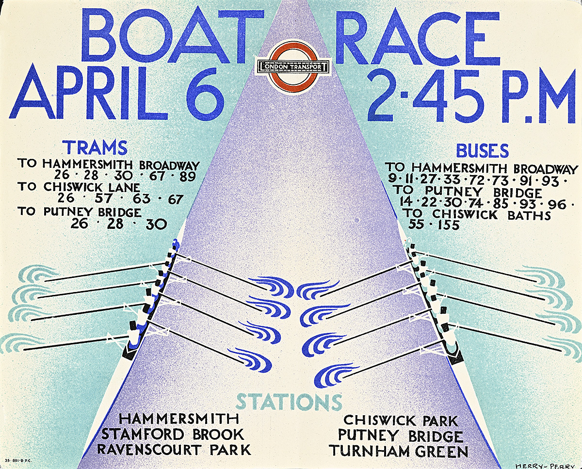 A poster with an aerial view of 2 crews in long boats rowing on the river.